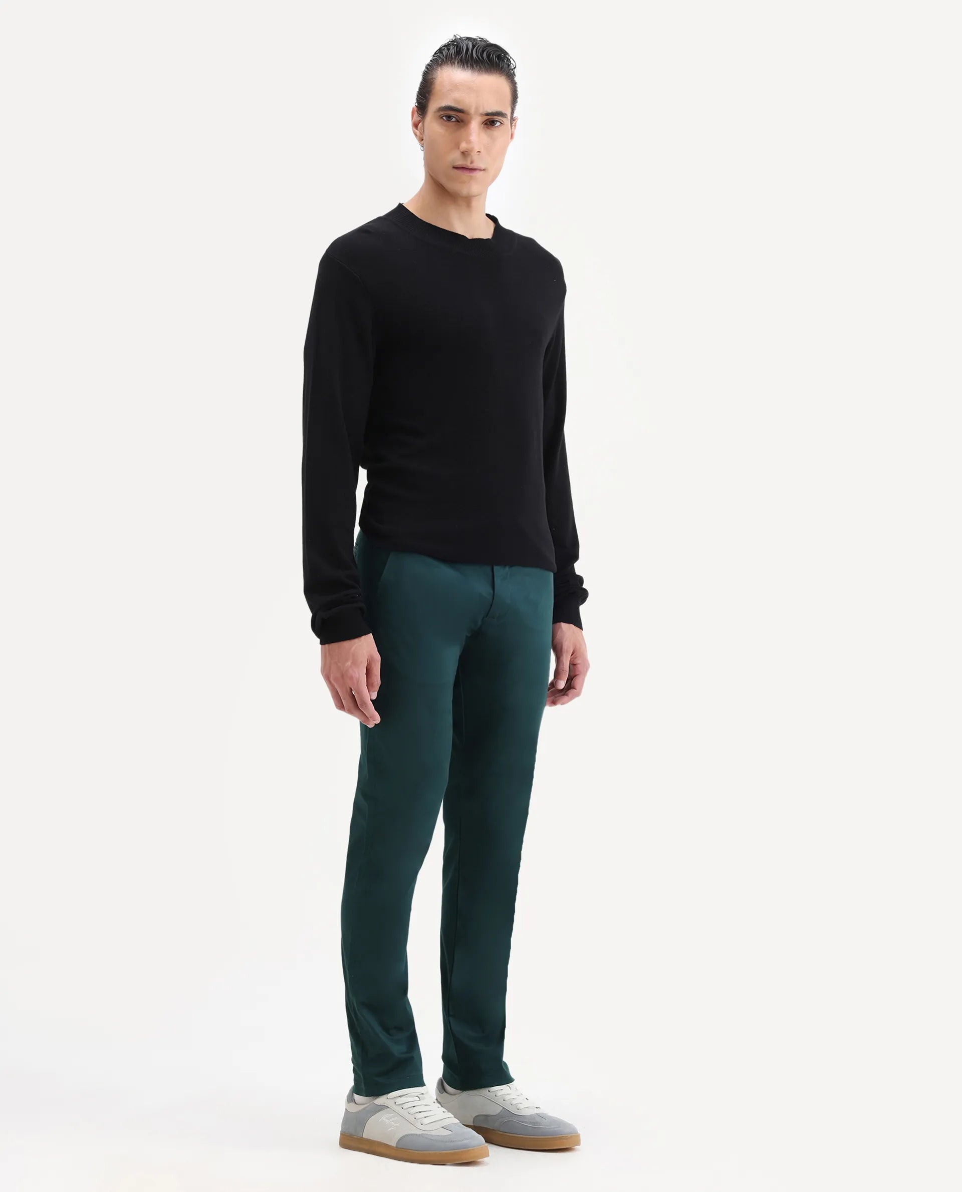 Rare Rabbit Men's Daron Petrol Cotton Plain Regular Fit Trouser