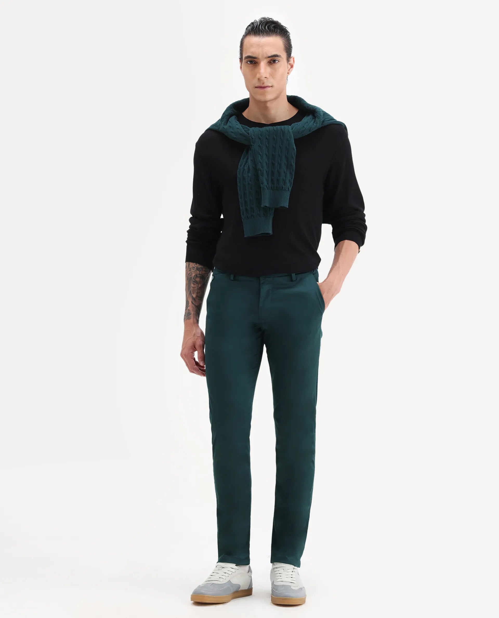 Rare Rabbit Men's Daron Petrol Cotton Plain Regular Fit Trouser