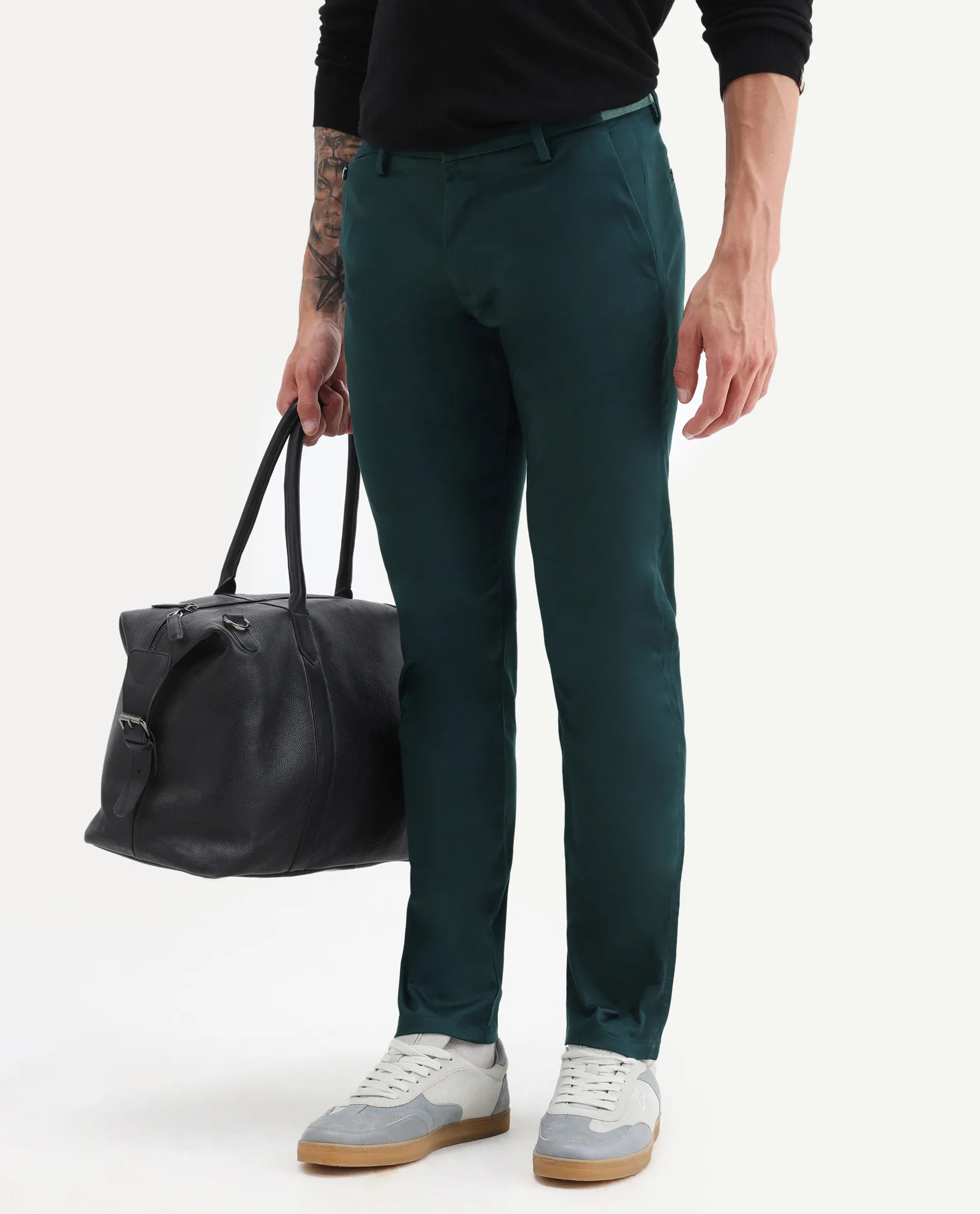 Rare Rabbit Men's Daron Petrol Cotton Plain Regular Fit Trouser