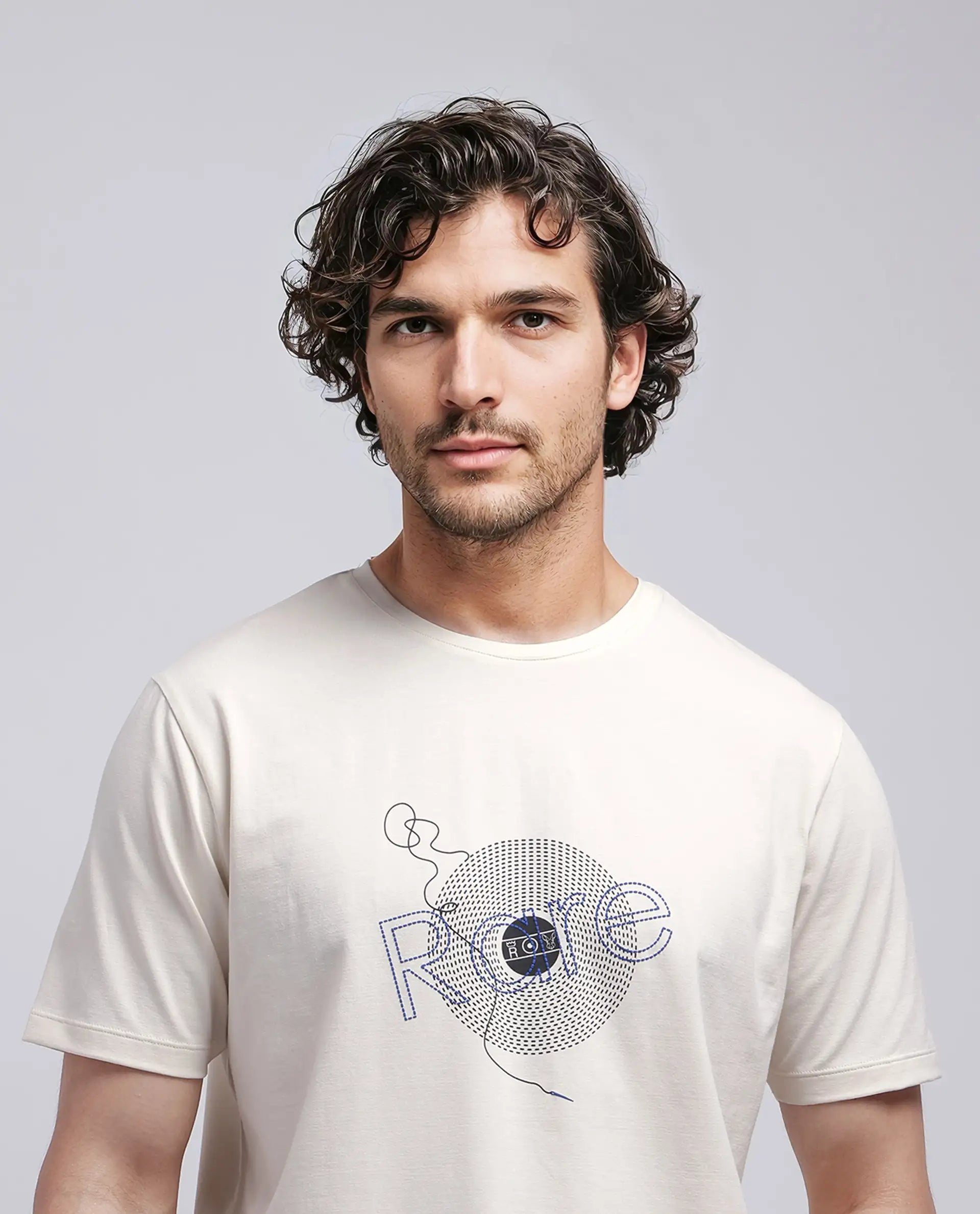 Rare Rabbit Men's Dart Beige Cotton Blend Graphic Print Regular Fit Half Sleeve Crew Neck T-Shirt