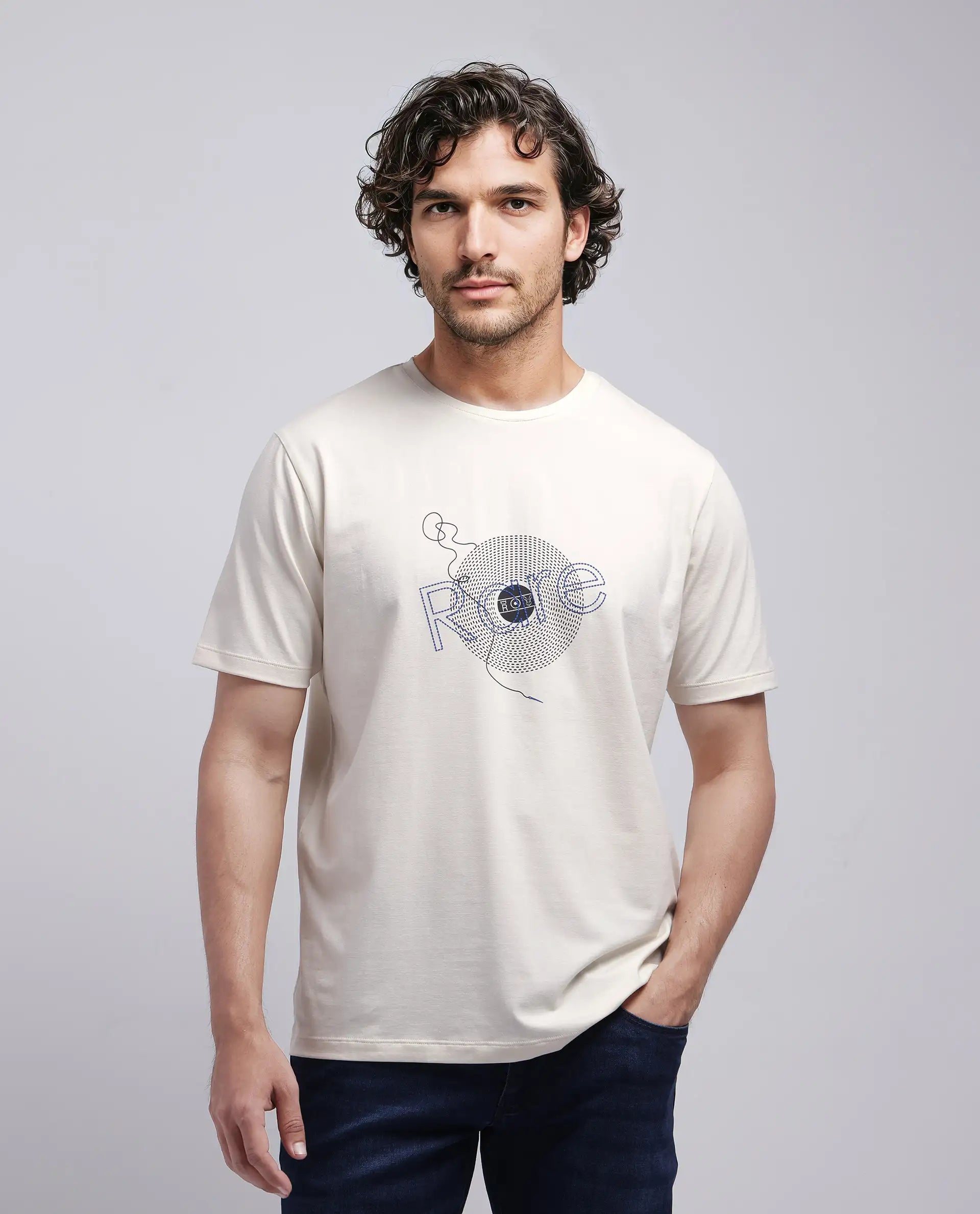 Rare Rabbit Men's Dart Beige Cotton Blend Graphic Print Regular Fit Half Sleeve Crew Neck T-Shirt