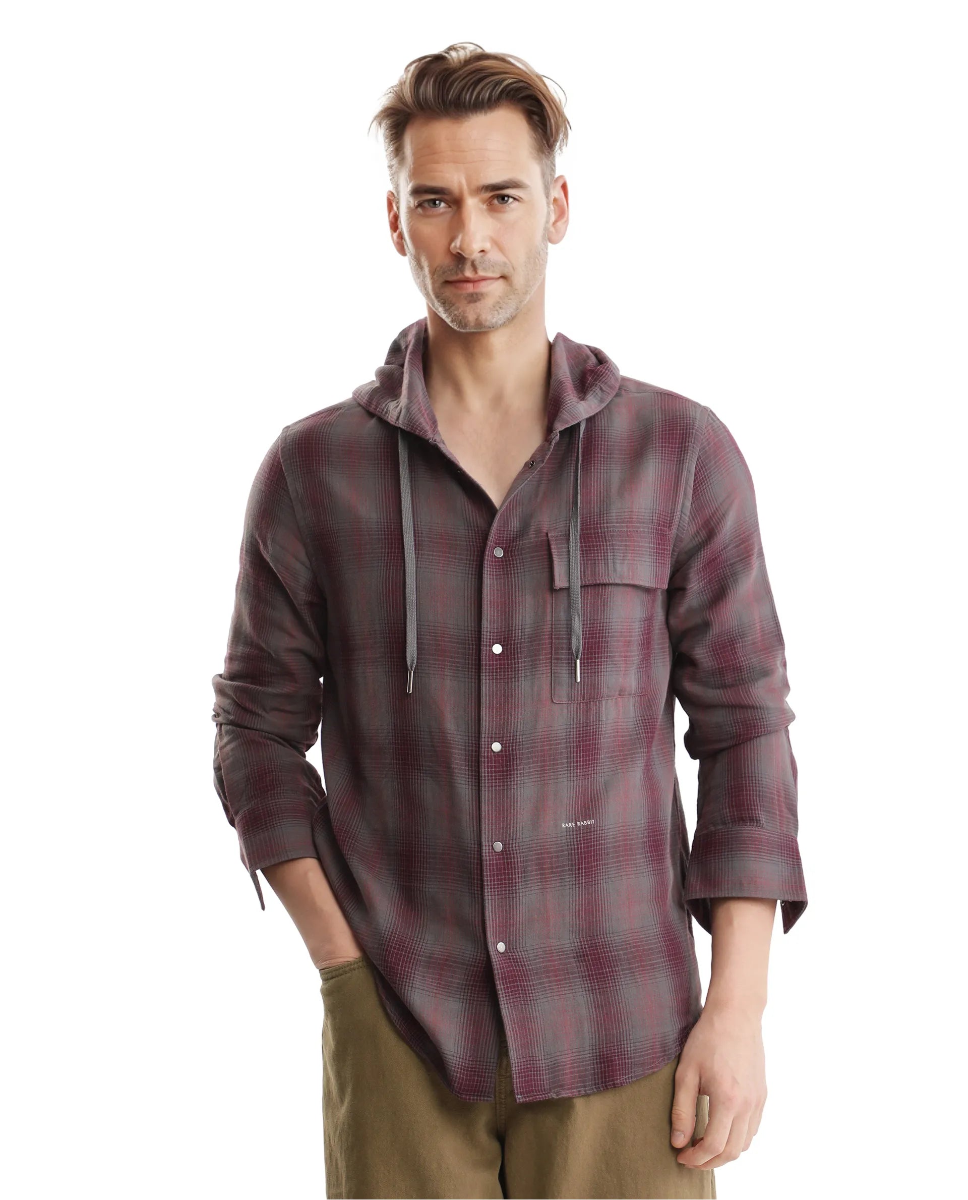 Rare Rabbit Men's Dartmouth Dusky Maroon Cotton Fabric Full Sleeve Collared Neck Oversized Fit Checks Shirt