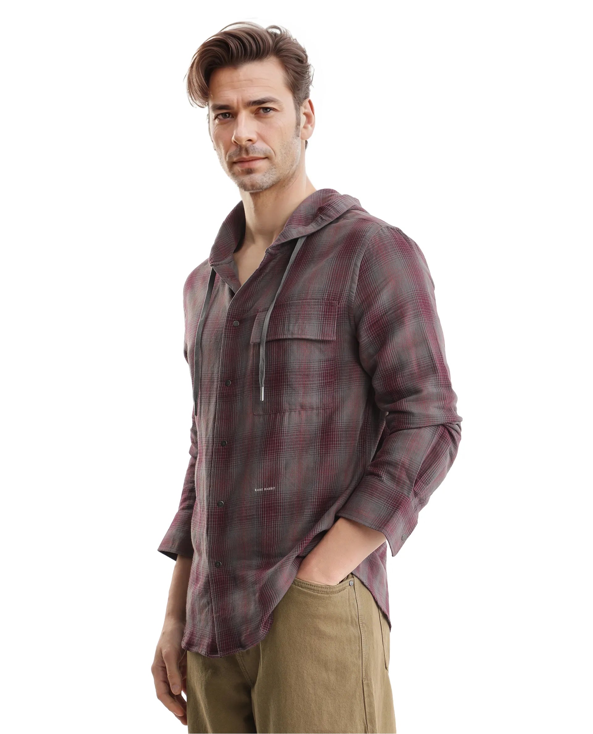 Rare Rabbit Men's Dartmouth Dusky Maroon Cotton Fabric Full Sleeve Collared Neck Oversized Fit Checks Shirt