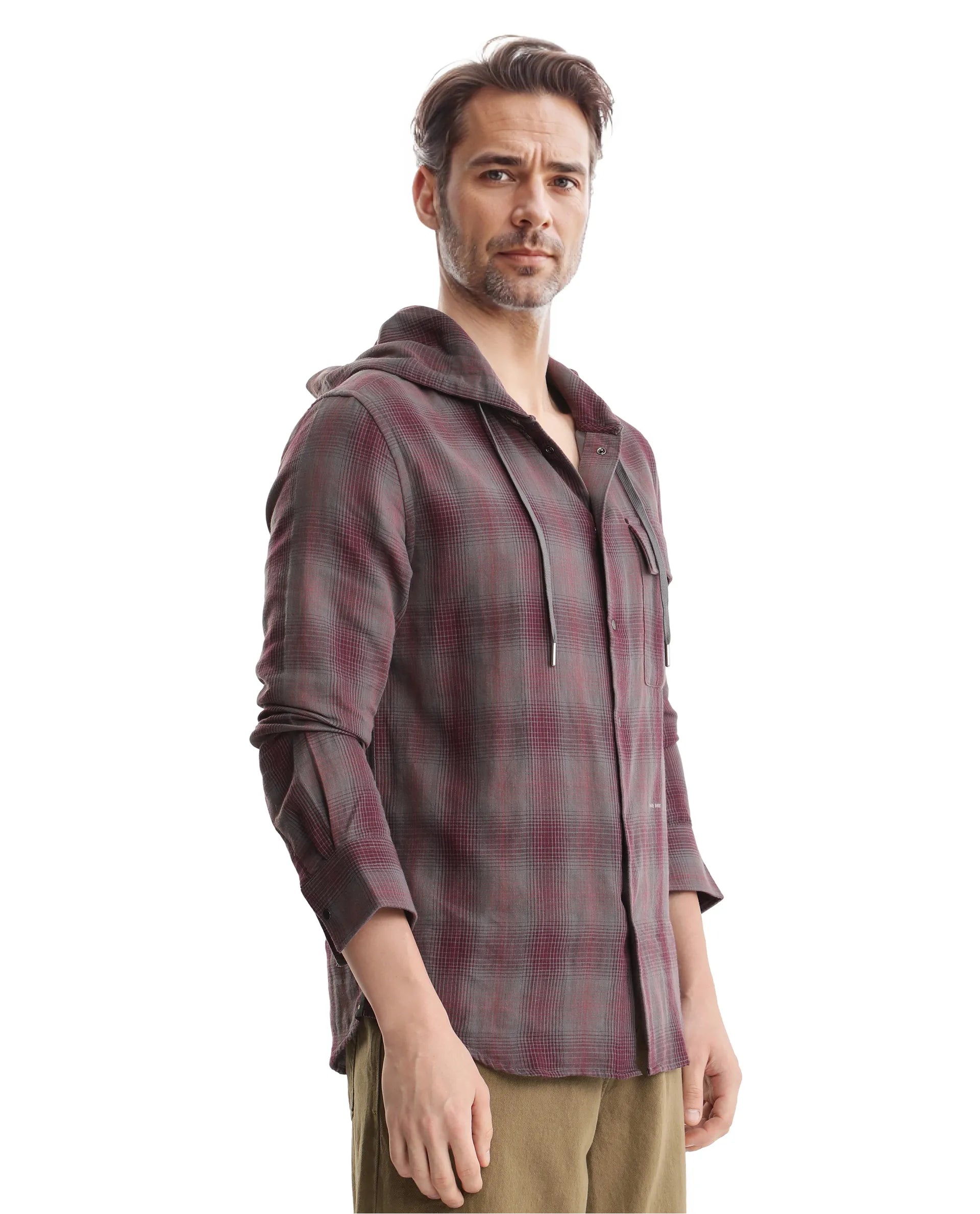 Rare Rabbit Men's Dartmouth Dusky Maroon Cotton Fabric Full Sleeve Collared Neck Oversized Fit Checks Shirt