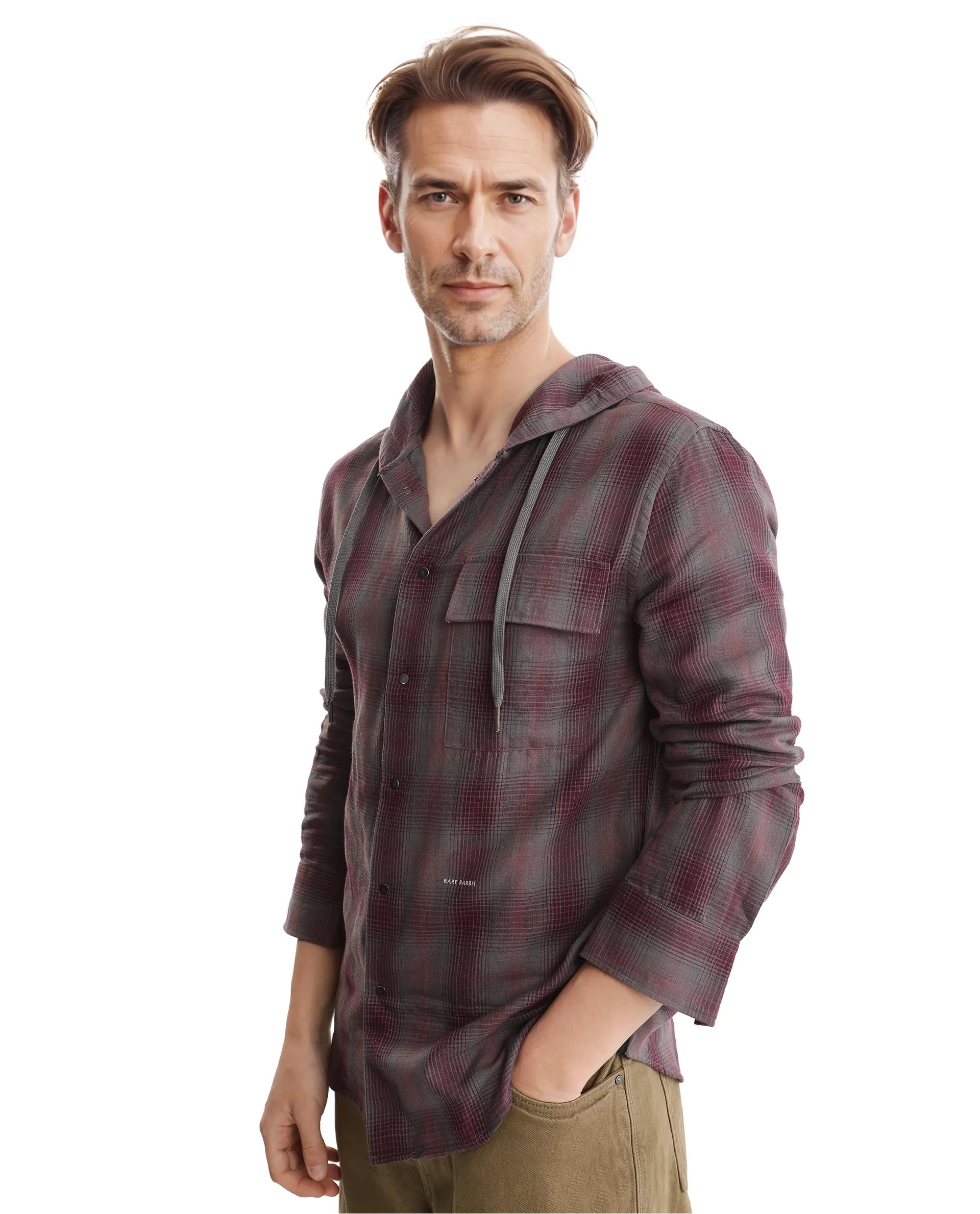 Rare Rabbit Men's Dartmouth Dusky Maroon Cotton Fabric Full Sleeve Collared Neck Oversized Fit Checks Shirt