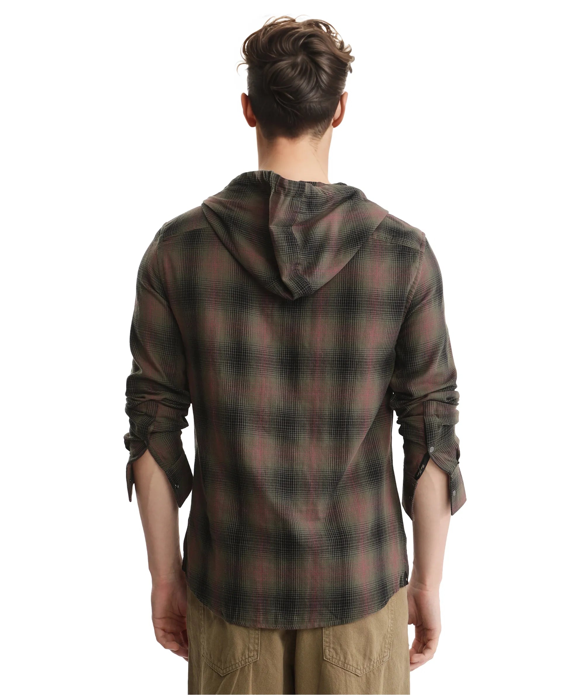 Rare Rabbit Men's Dartmouth Dusky Olive Cotton Fabric Full Sleeve Collared Neck Oversized Fit Checks Shirt