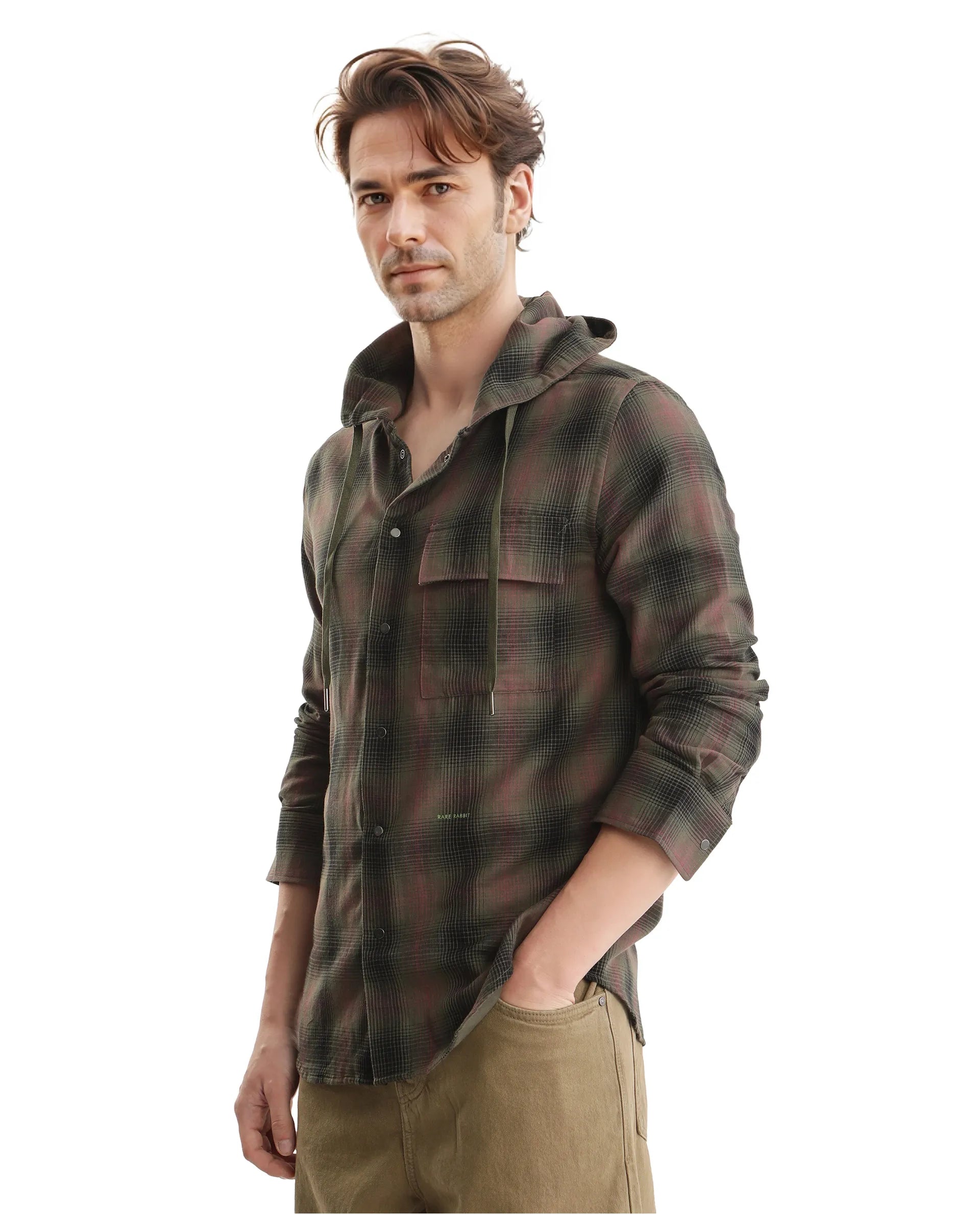 Rare Rabbit Men's Dartmouth Dusky Olive Cotton Fabric Full Sleeve Collared Neck Oversized Fit Checks Shirt