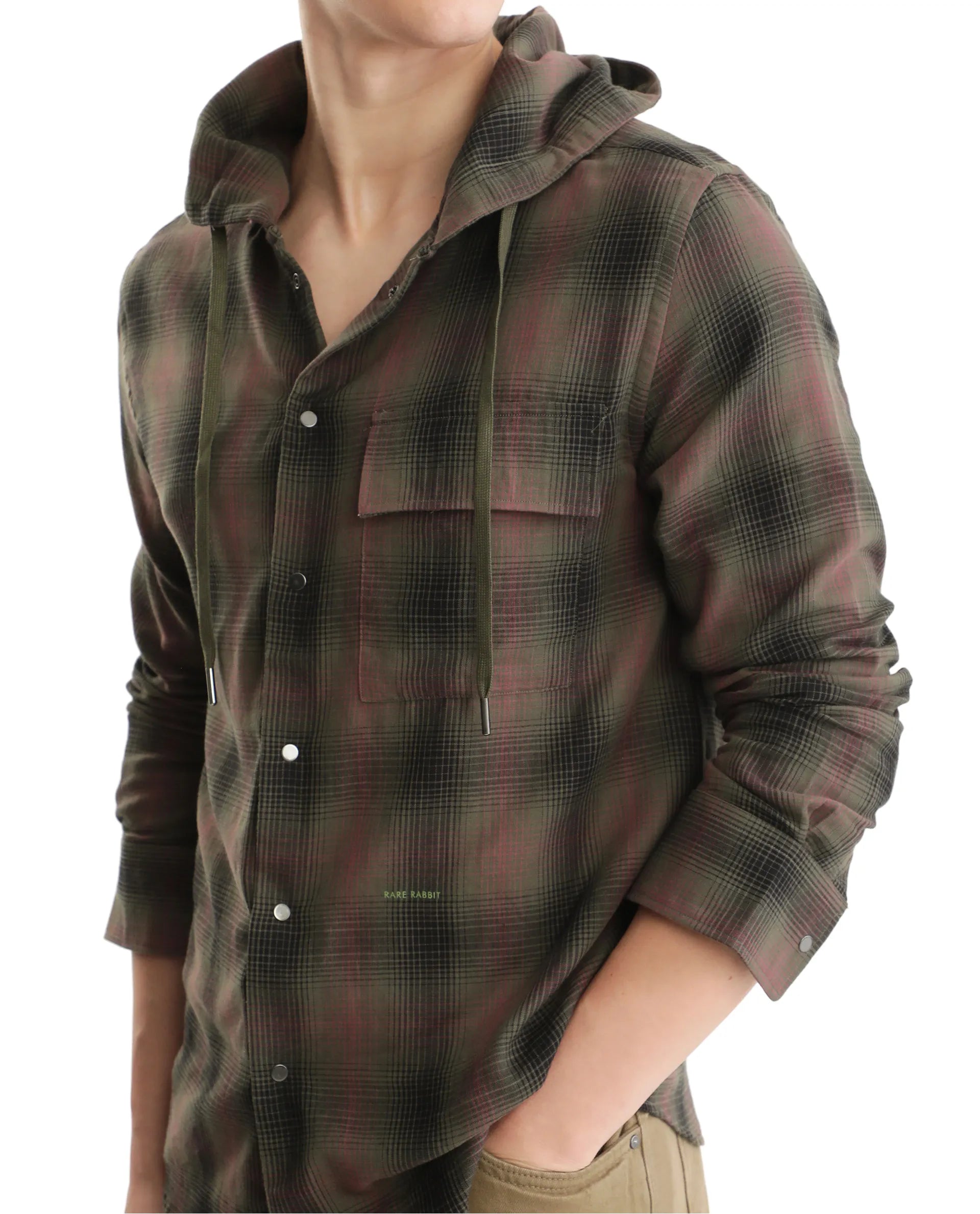 Rare Rabbit Men's Dartmouth Dusky Olive Cotton Fabric Full Sleeve Collared Neck Oversized Fit Checks Shirt