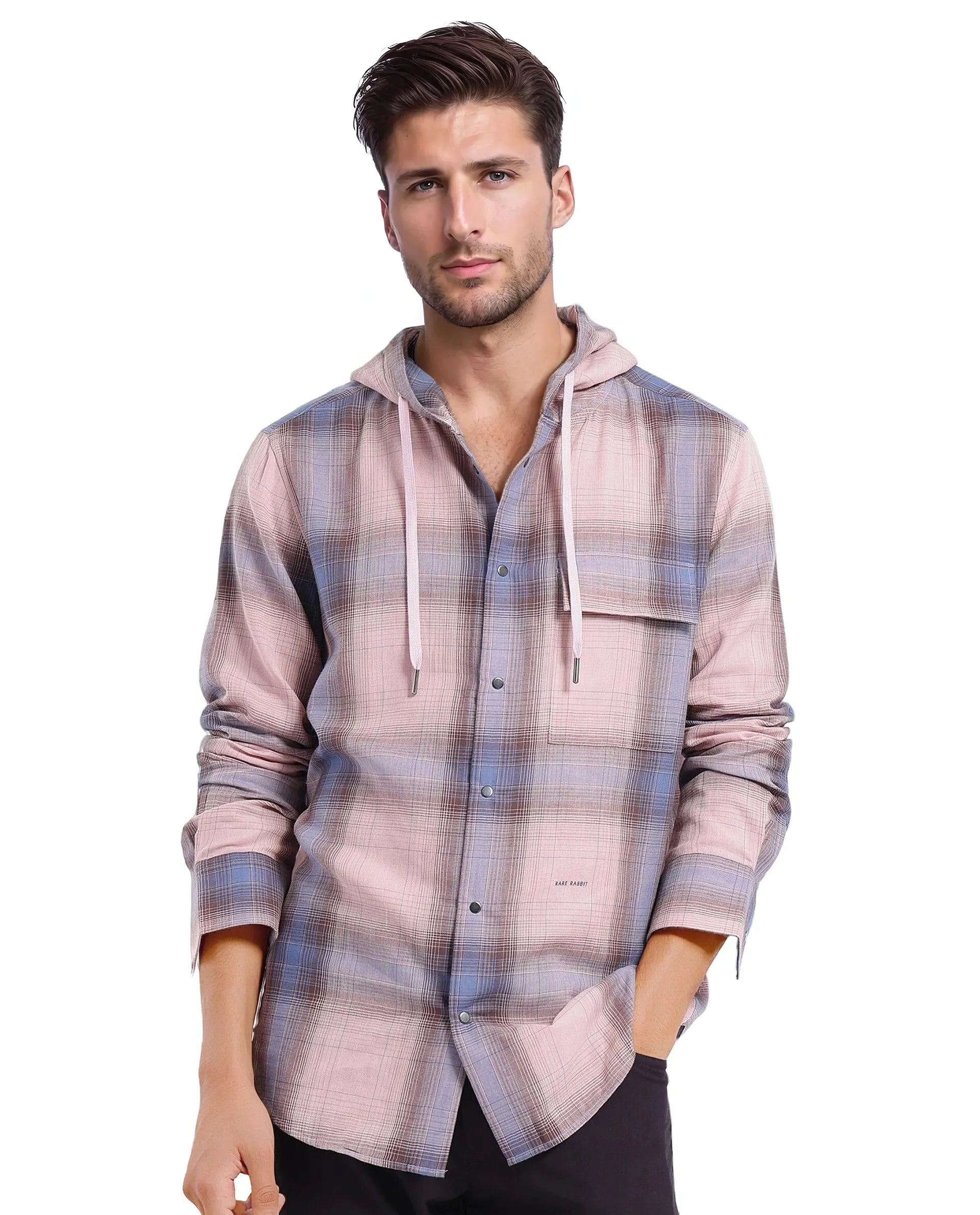Rare Rabbit Men's Dartmouth Dusky Pink Cotton Fabric Full Sleeve Collared Neck Oversized Fit Checks Shirt