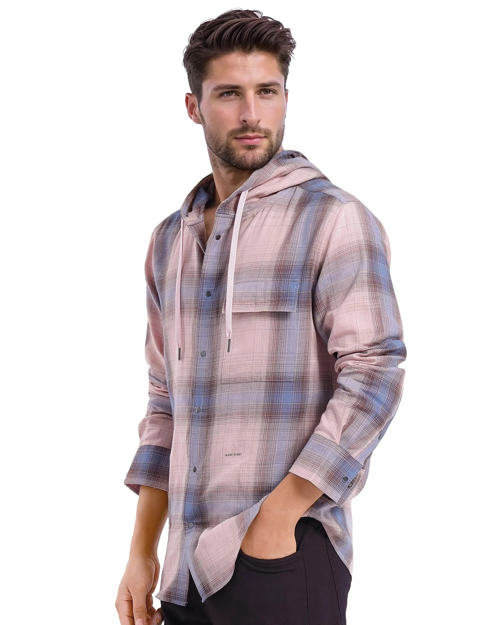 Rare Rabbit Men's Dartmouth Dusky Pink Cotton Fabric Full Sleeve Collared Neck Oversized Fit Checks Shirt