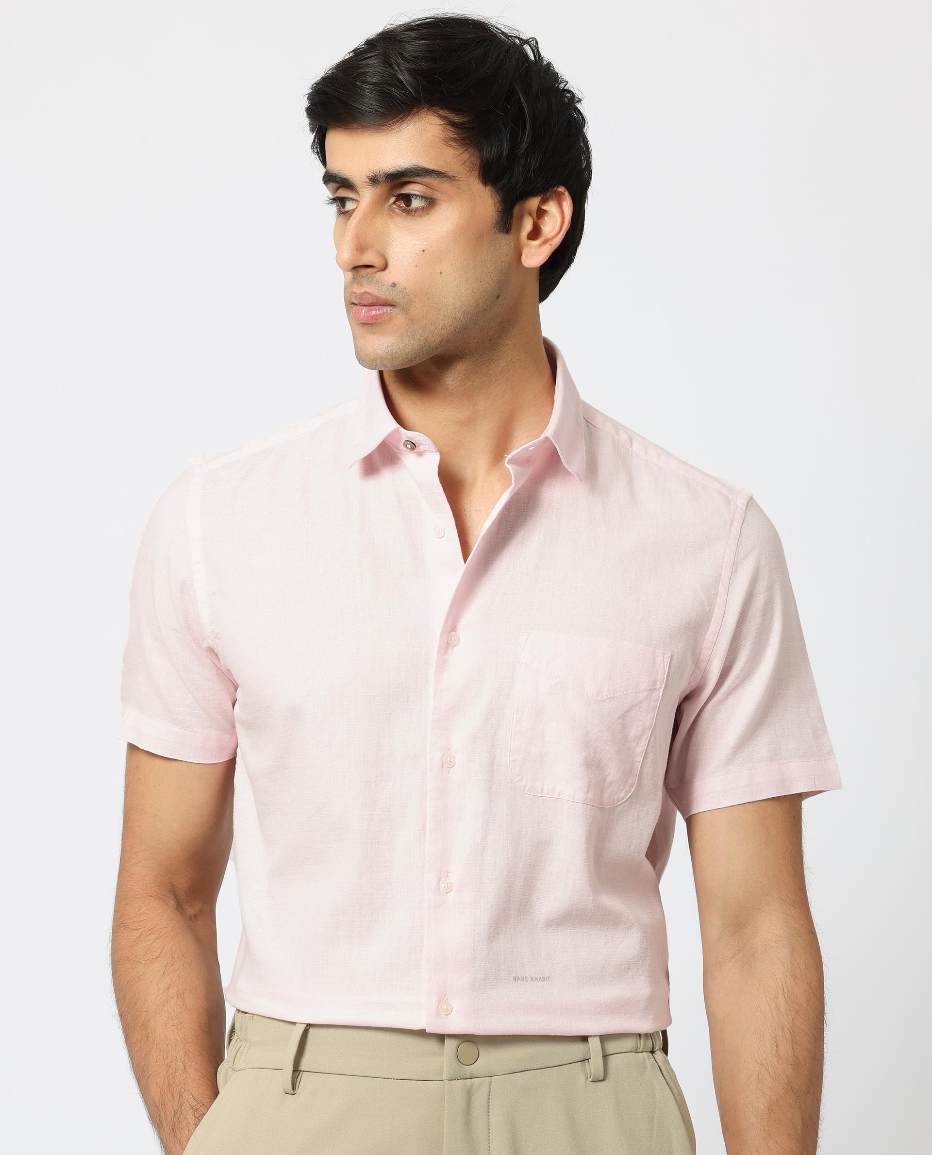 Rare Rabbit Men's Darwin Light Pink Cotton Fabric Half Sleeves Solid Shirt