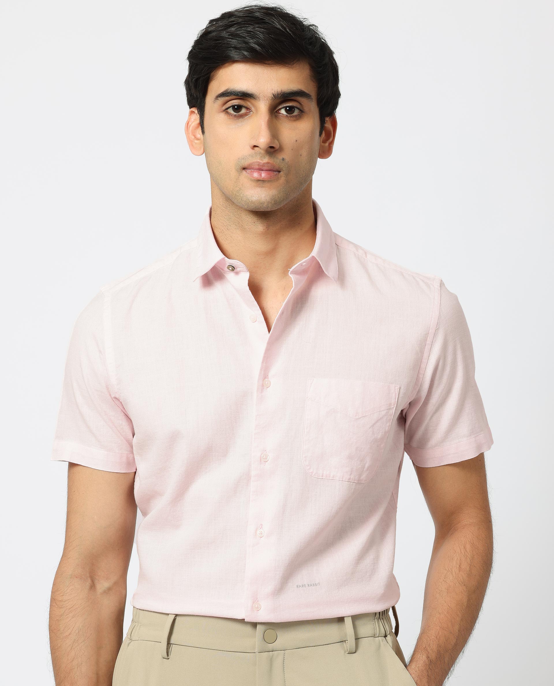Rare Rabbit Men's Darwin Light Pink Cotton Fabric Half Sleeves Solid Shirt