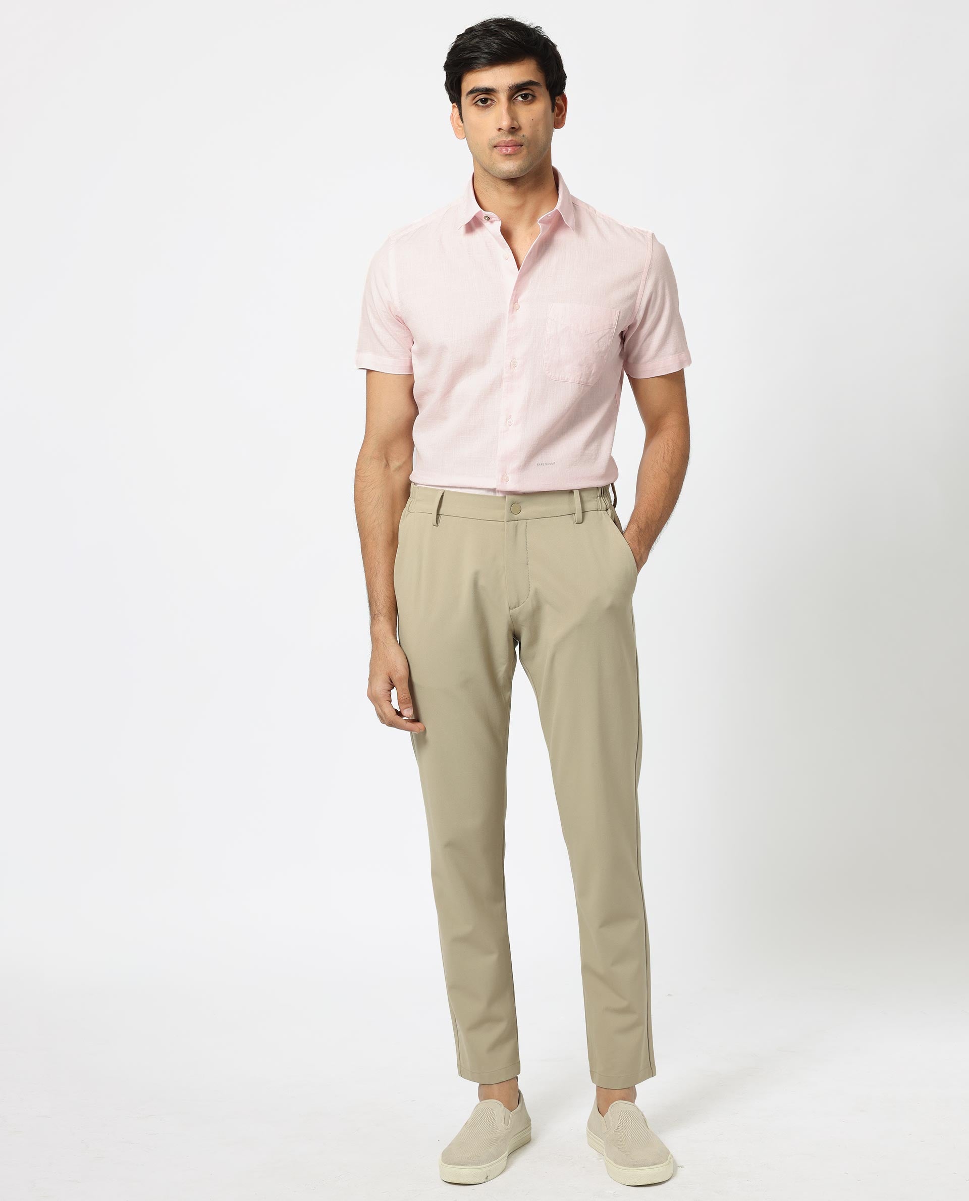 Rare Rabbit Men's Darwin Light Pink Cotton Fabric Half Sleeves Solid Shirt