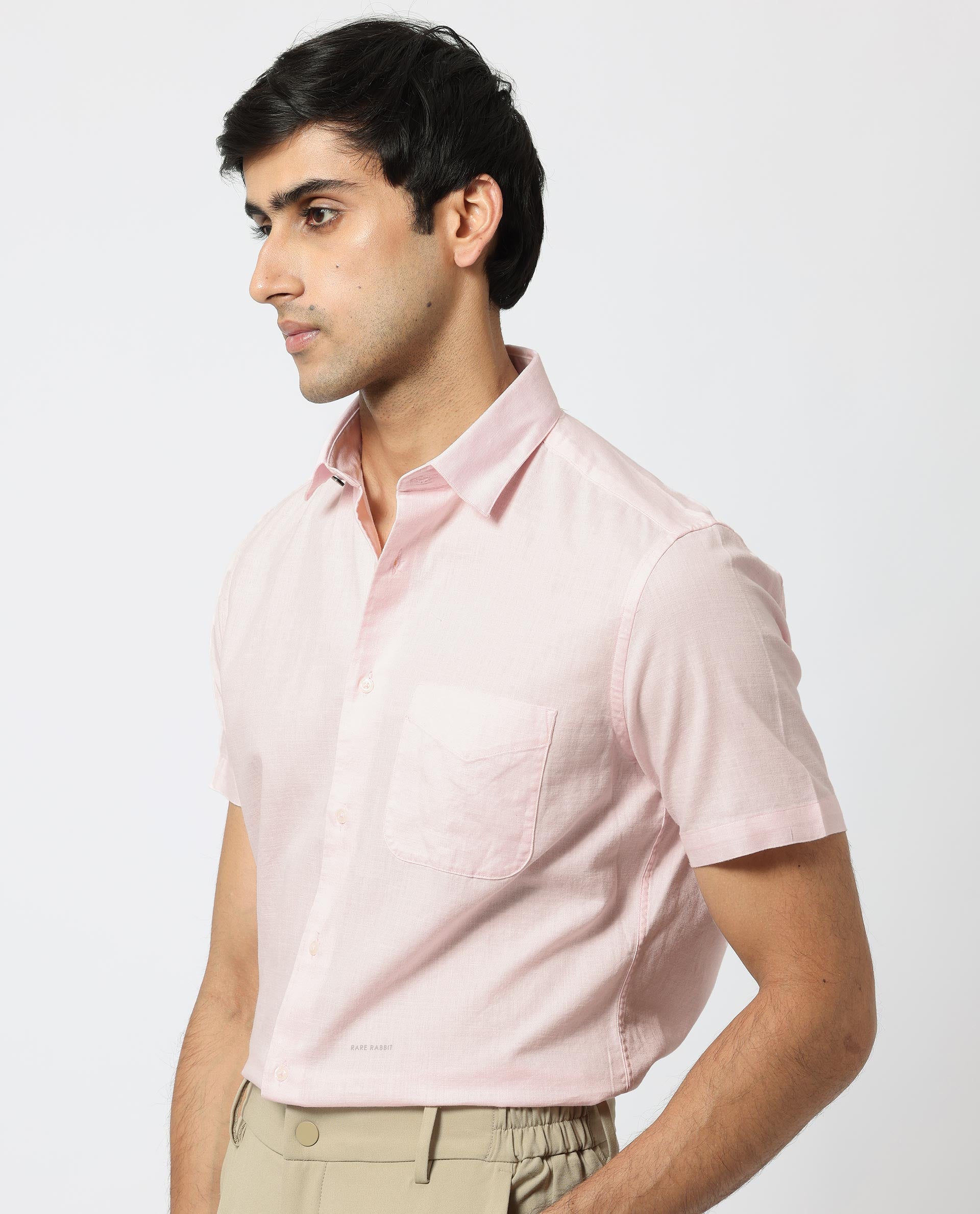 Rare Rabbit Men's Darwin Light Pink Cotton Fabric Half Sleeves Solid Shirt