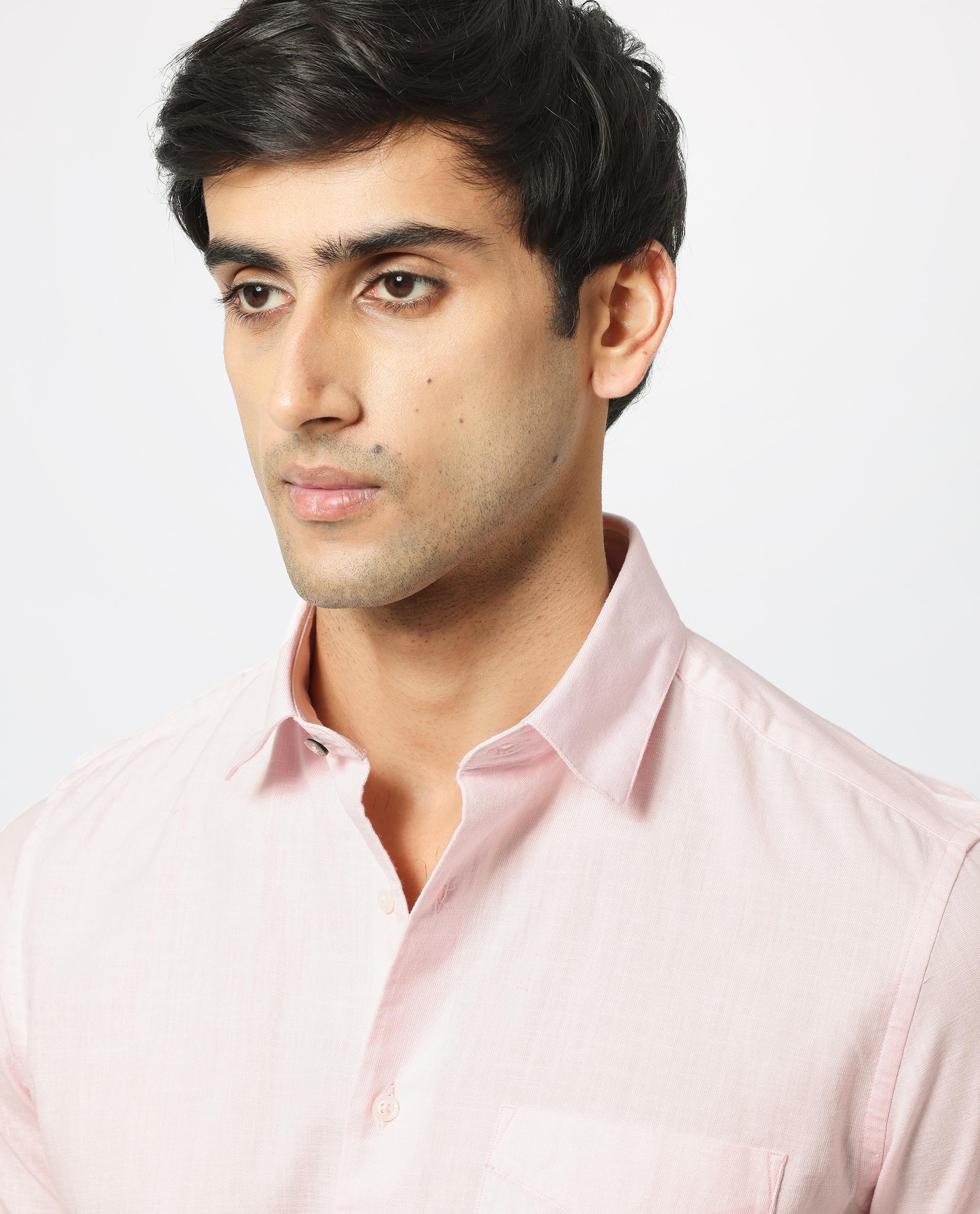 Rare Rabbit Men's Darwin Light Pink Cotton Fabric Half Sleeves Solid Shirt