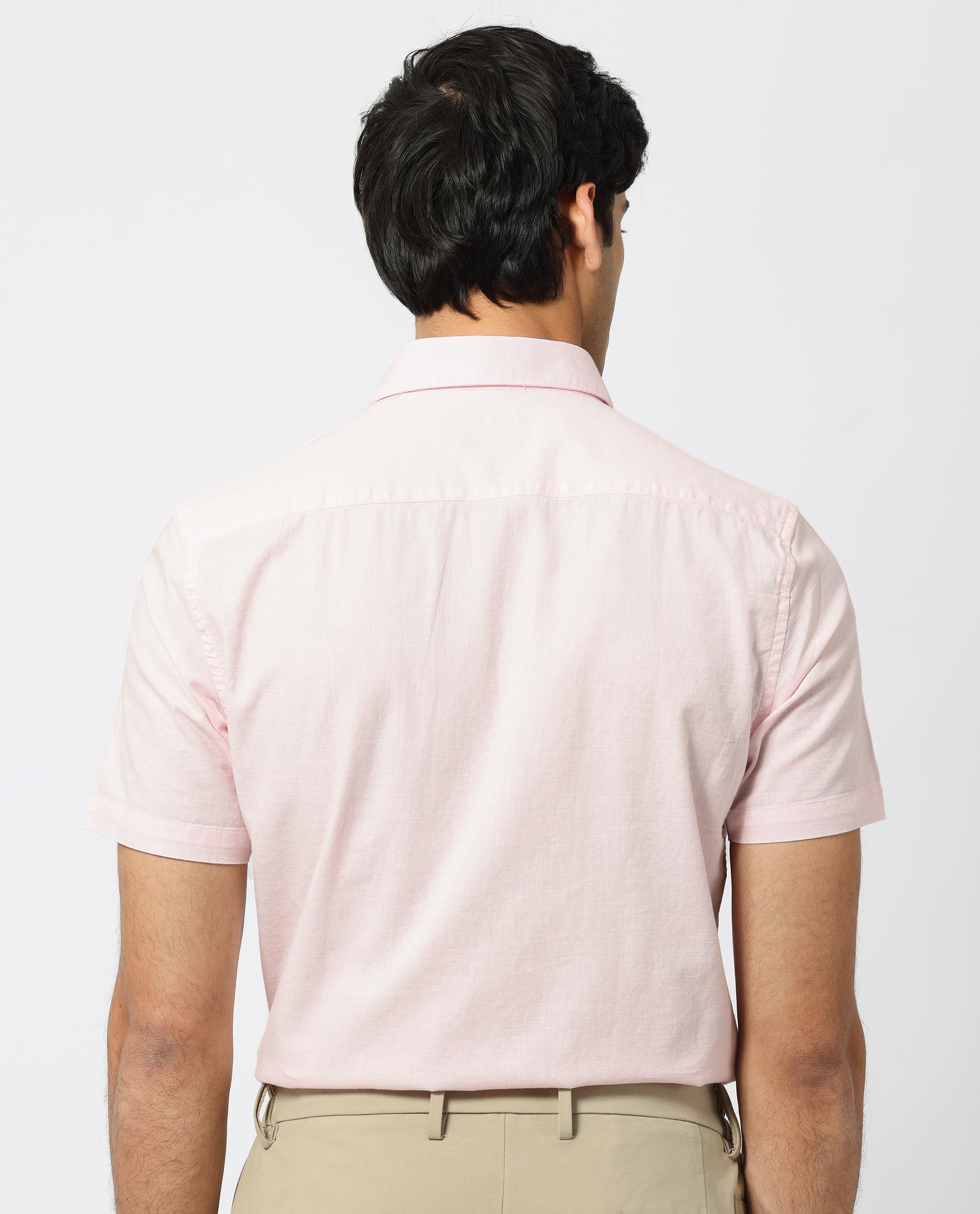 Rare Rabbit Men's Darwin Light Pink Cotton Fabric Half Sleeves Solid Shirt
