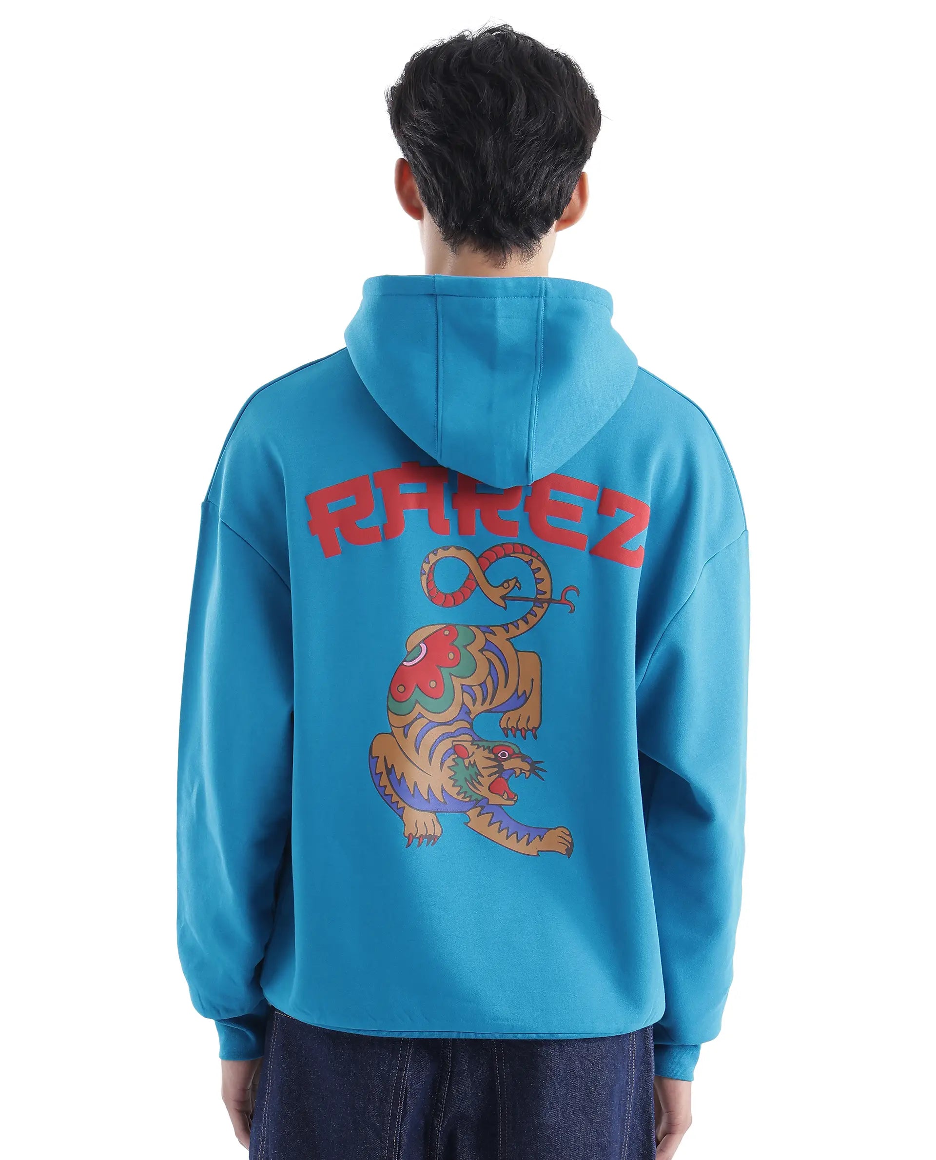 Rare Rabbit Men Dary Flouroscent Blue Cotton Polyester Fabric Full Sleeve Crew Neck Boxy Fit Puff Print Hooded Sweatshirt