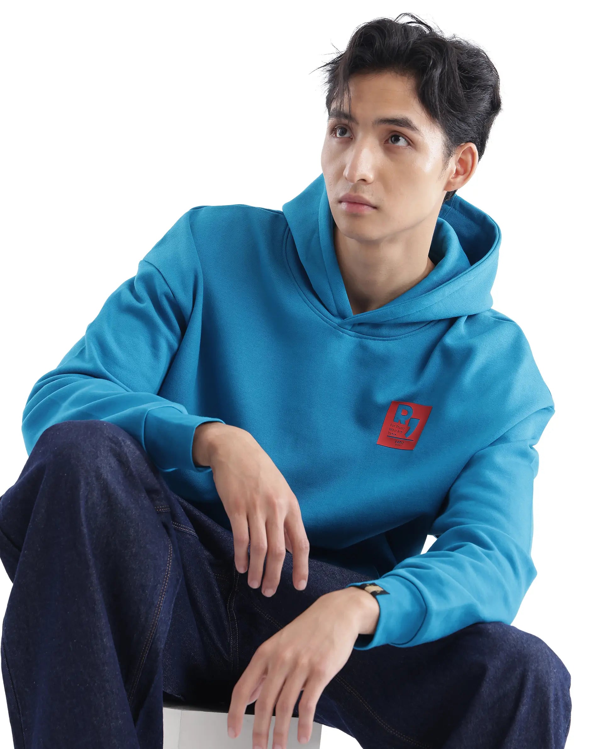 Rare Rabbit Men Dary Flouroscent Blue Cotton Polyester Fabric Full Sleeve Crew Neck Boxy Fit Puff Print Hooded Sweatshirt