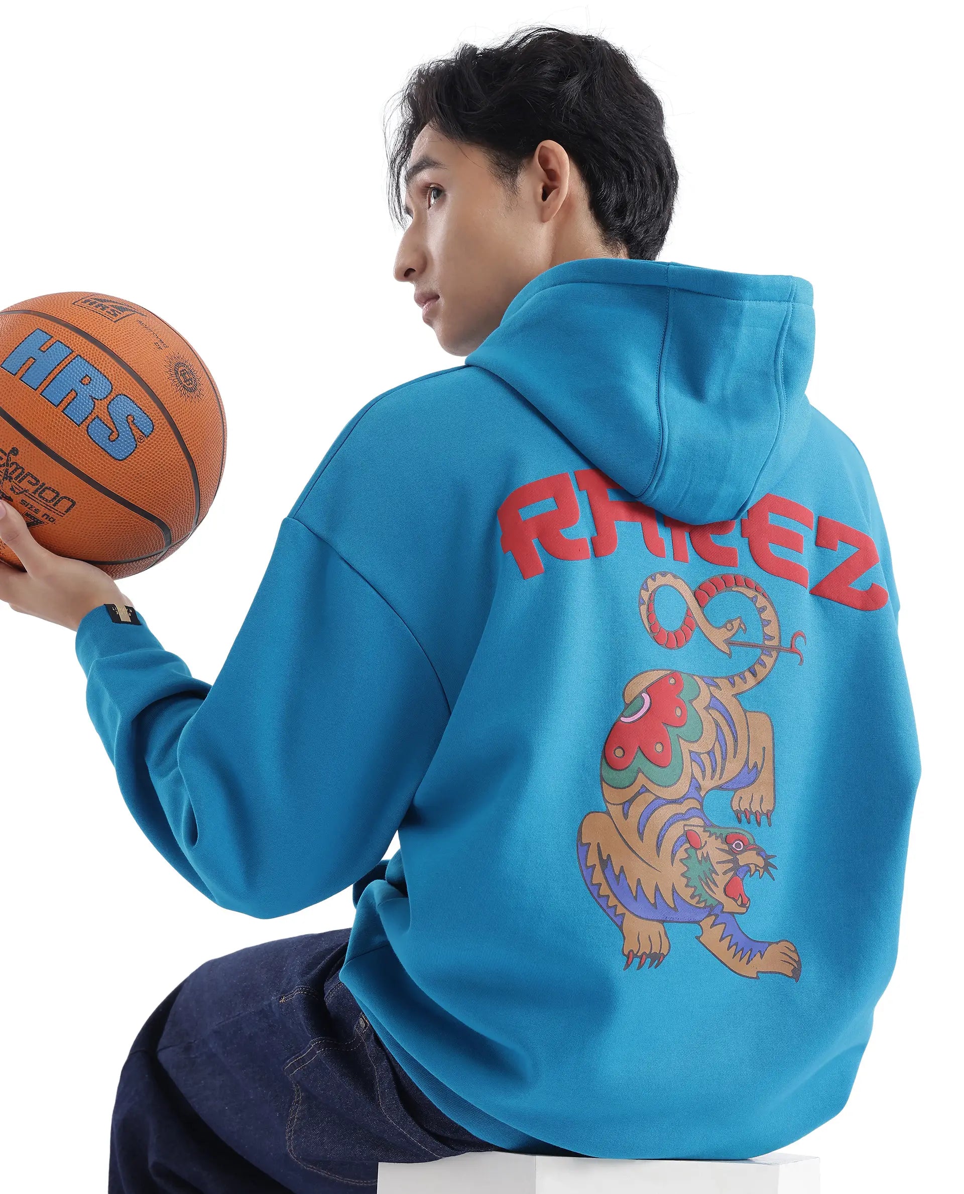 Rare Rabbit Men Dary Flouroscent Blue Cotton Polyester Fabric Full Sleeve Crew Neck Boxy Fit Puff Print Hooded Sweatshirt