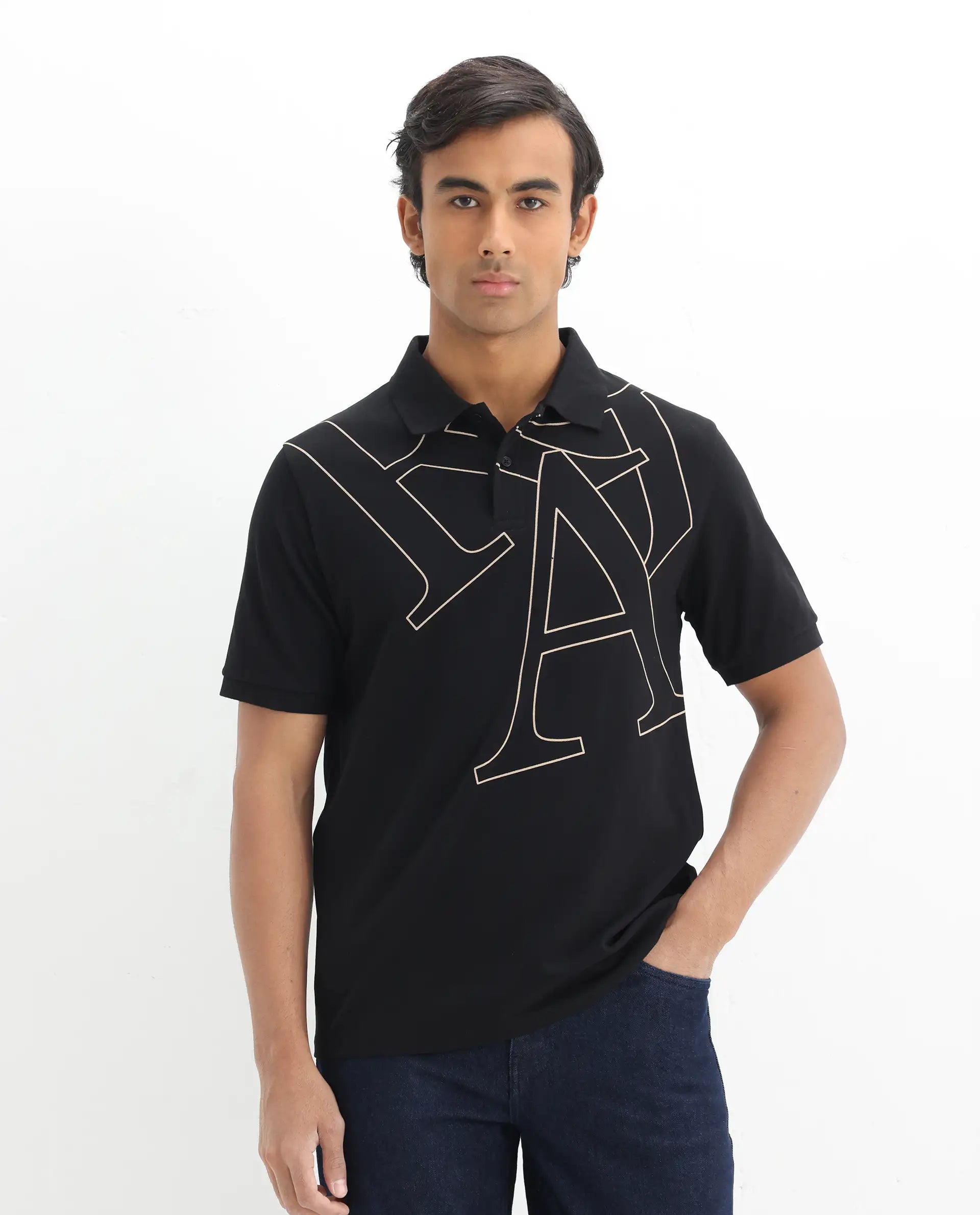 Rare Rabbit Men's Daryl Black Cotton Graphic Print Regular Fit Half Sleeve Polo