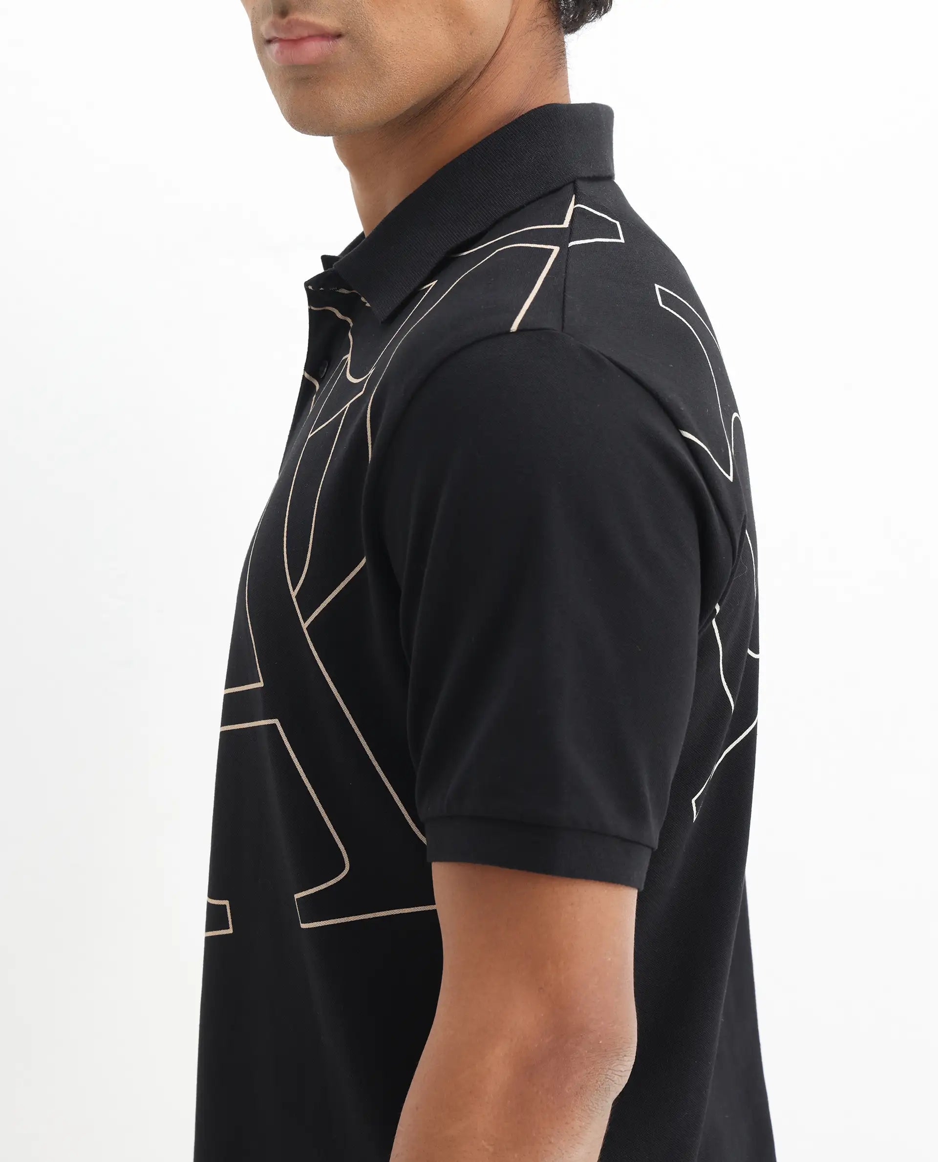 Rare Rabbit Men's Daryl Black Cotton Graphic Print Regular Fit Half Sleeve Polo