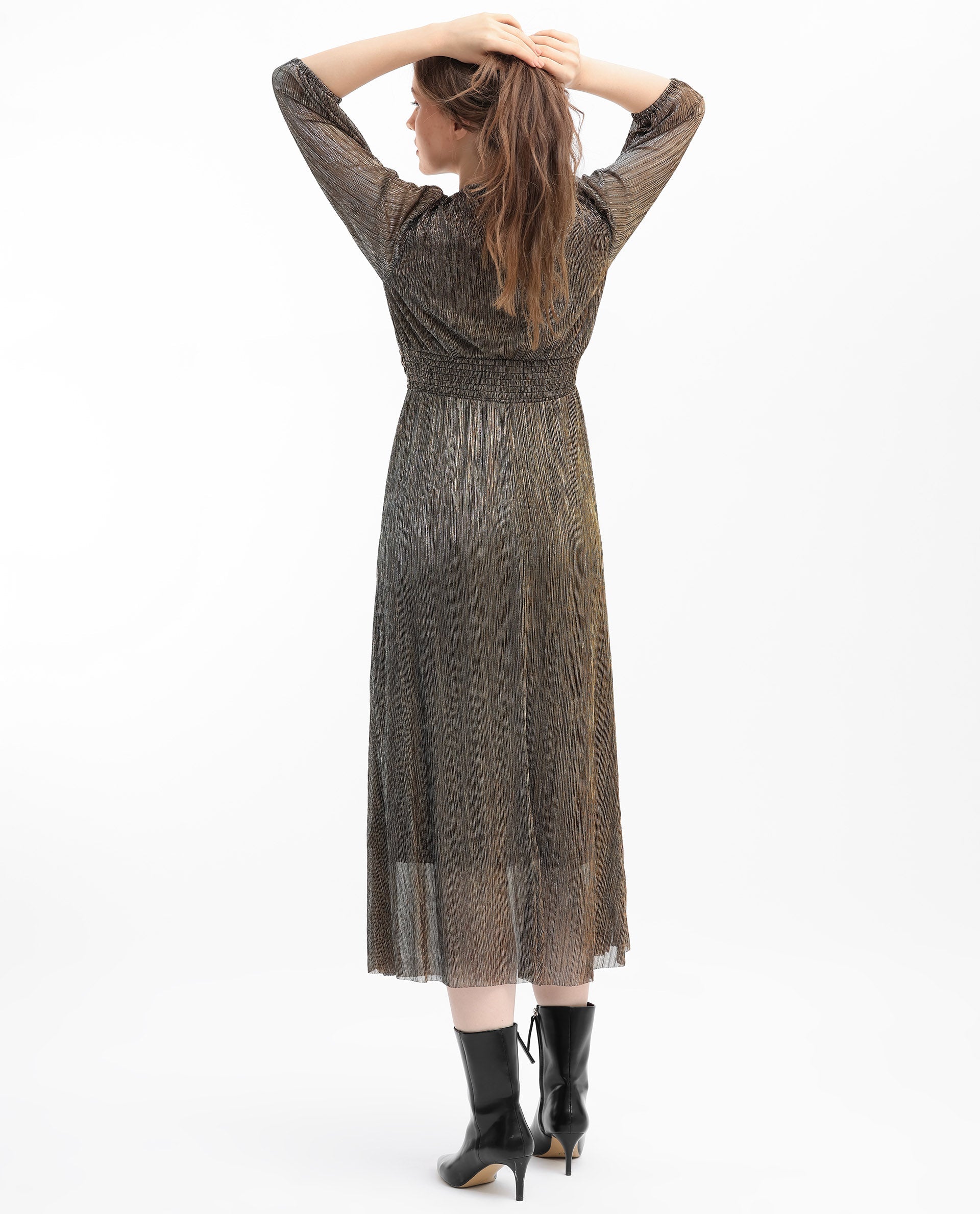 Rareism Women's Daso Metalic Gold Polyester Fabric Overlap Neck  Balloon Sleeve Shimmer Fit And Flare Midi Dress