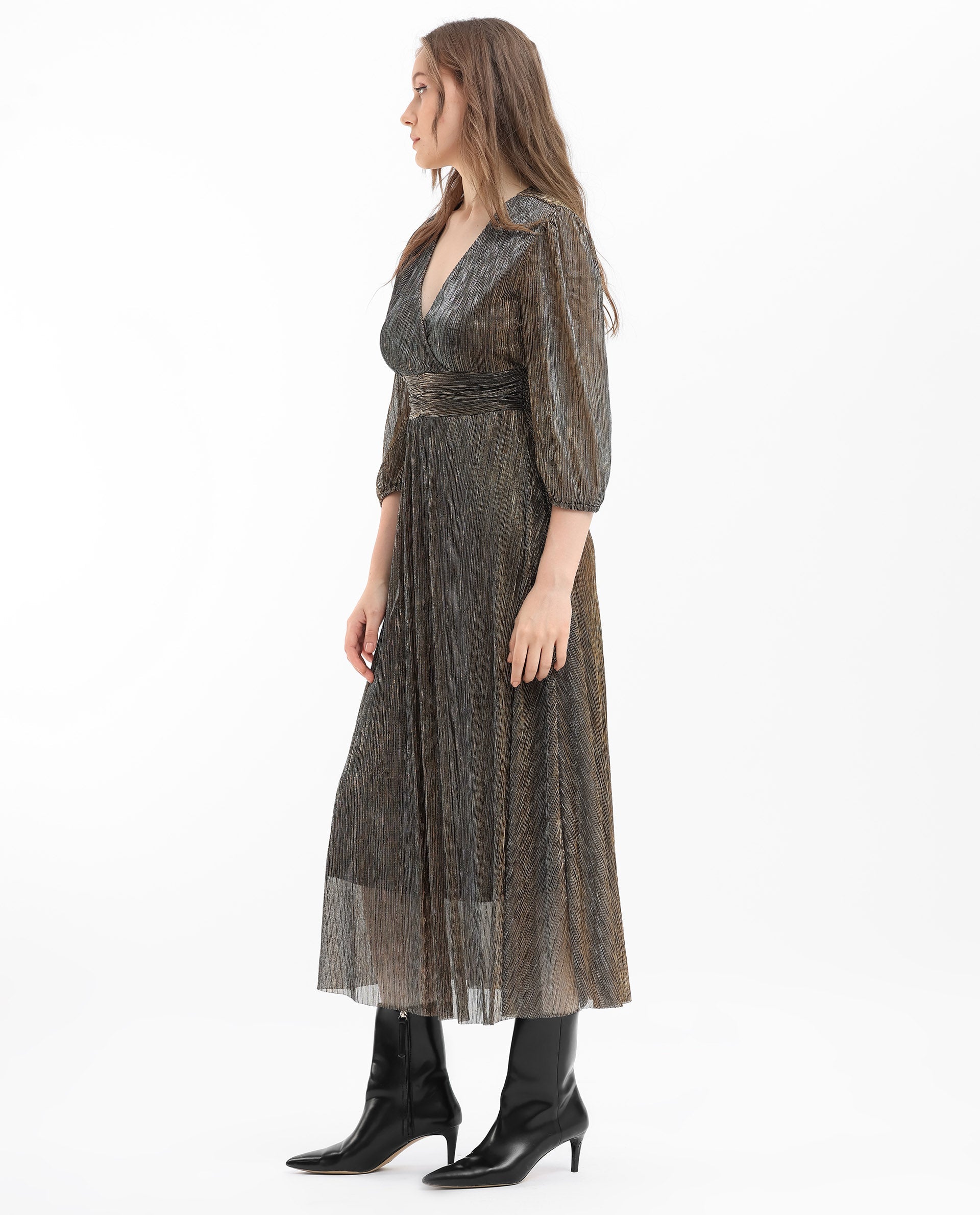 Rareism Women's Daso Metalic Gold Polyester Fabric Overlap Neck  Balloon Sleeve Shimmer Fit And Flare Midi Dress