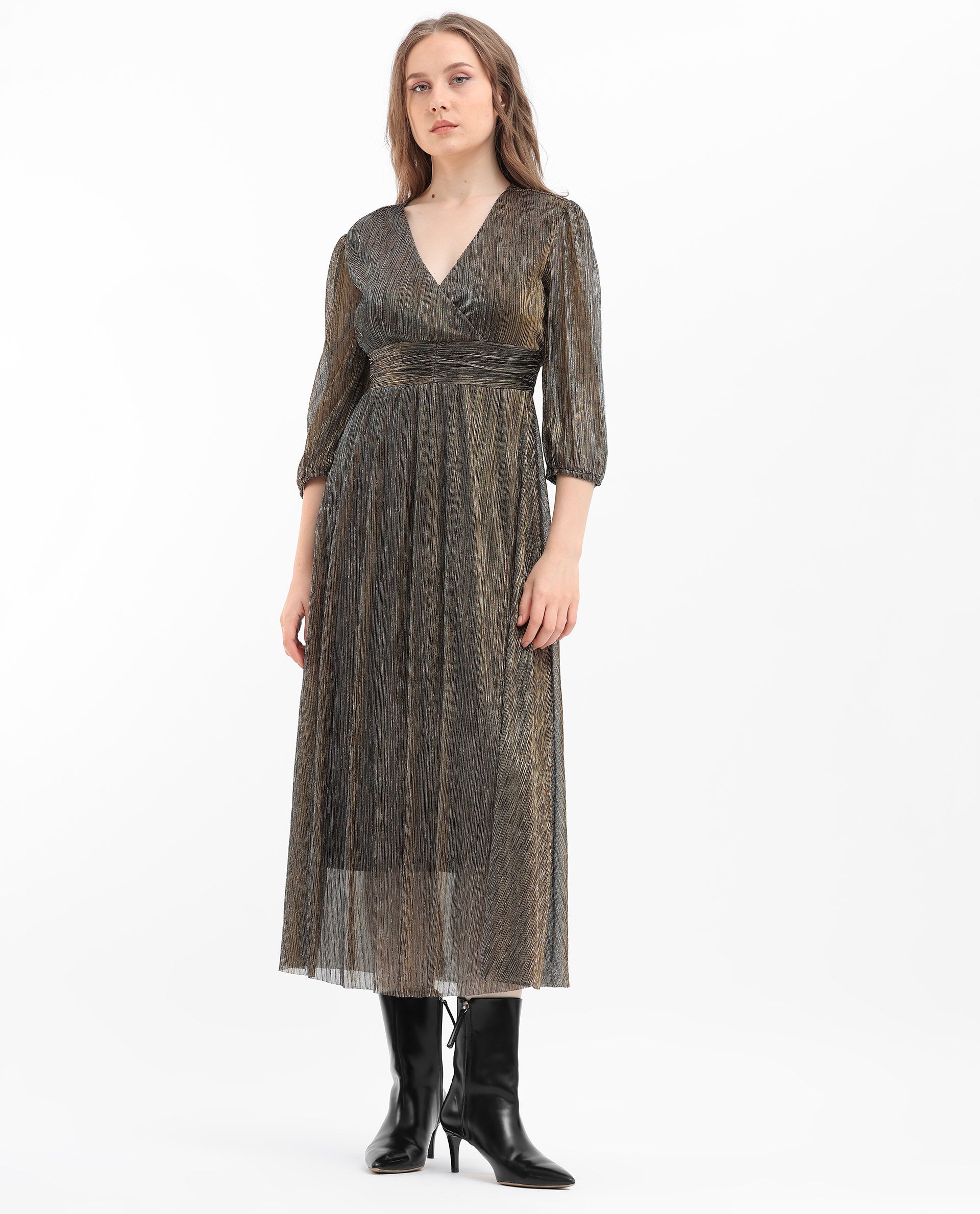 Rareism Women's Daso Metalic Gold Polyester Fabric Overlap Neck  Balloon Sleeve Shimmer Fit And Flare Midi Dress