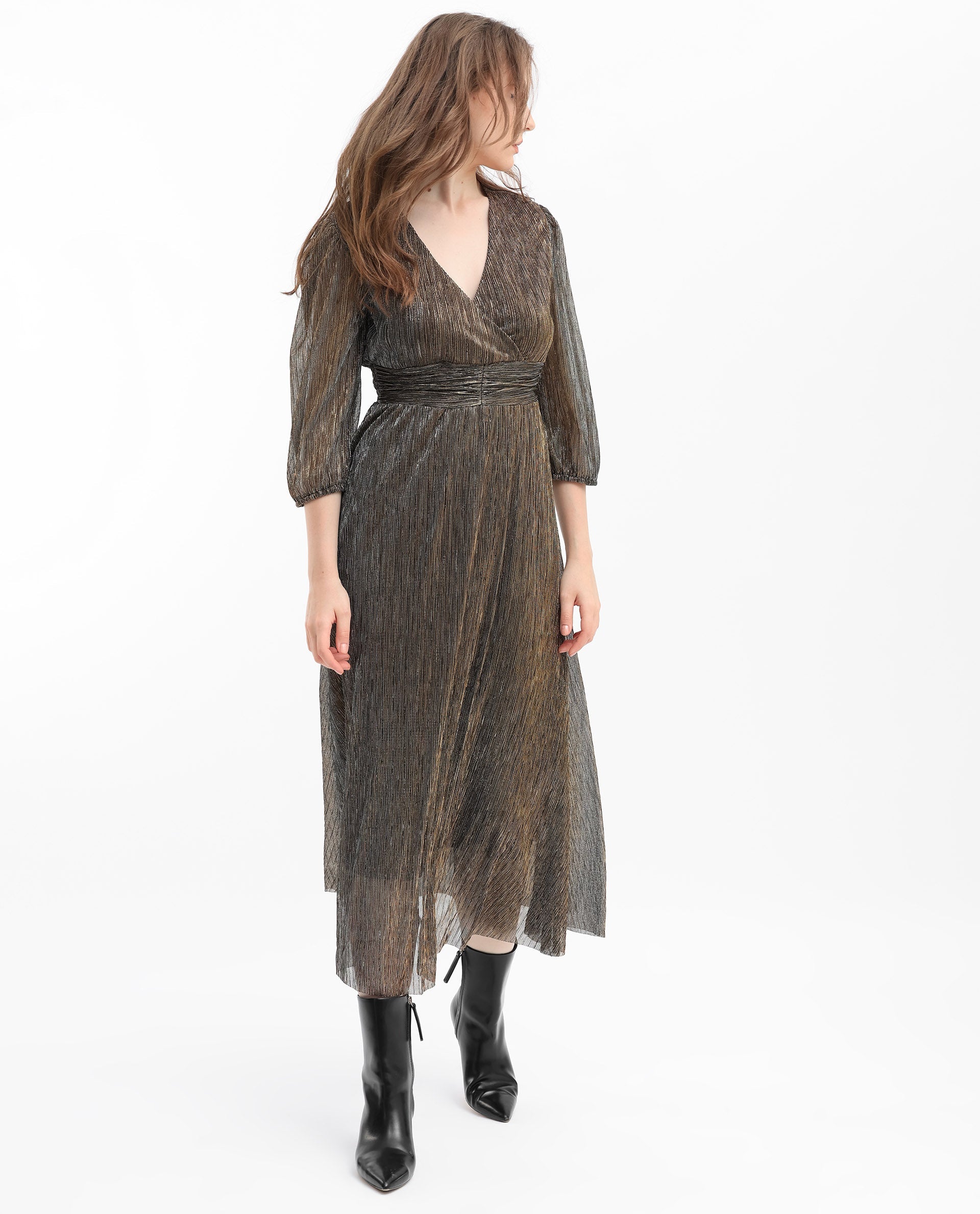 Rareism Women's Daso Metalic Gold Polyester Fabric Overlap Neck  Balloon Sleeve Shimmer Fit And Flare Midi Dress