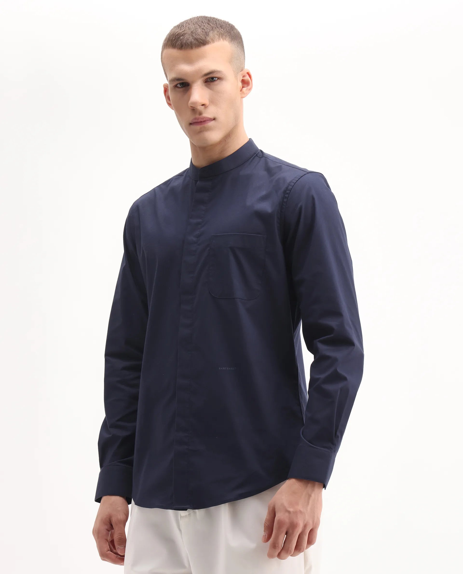 Rare Rabbit Men's Dati Navy Polyester Blend Plain Regular Fit Full Sleeve Mandarin Collar Shirt