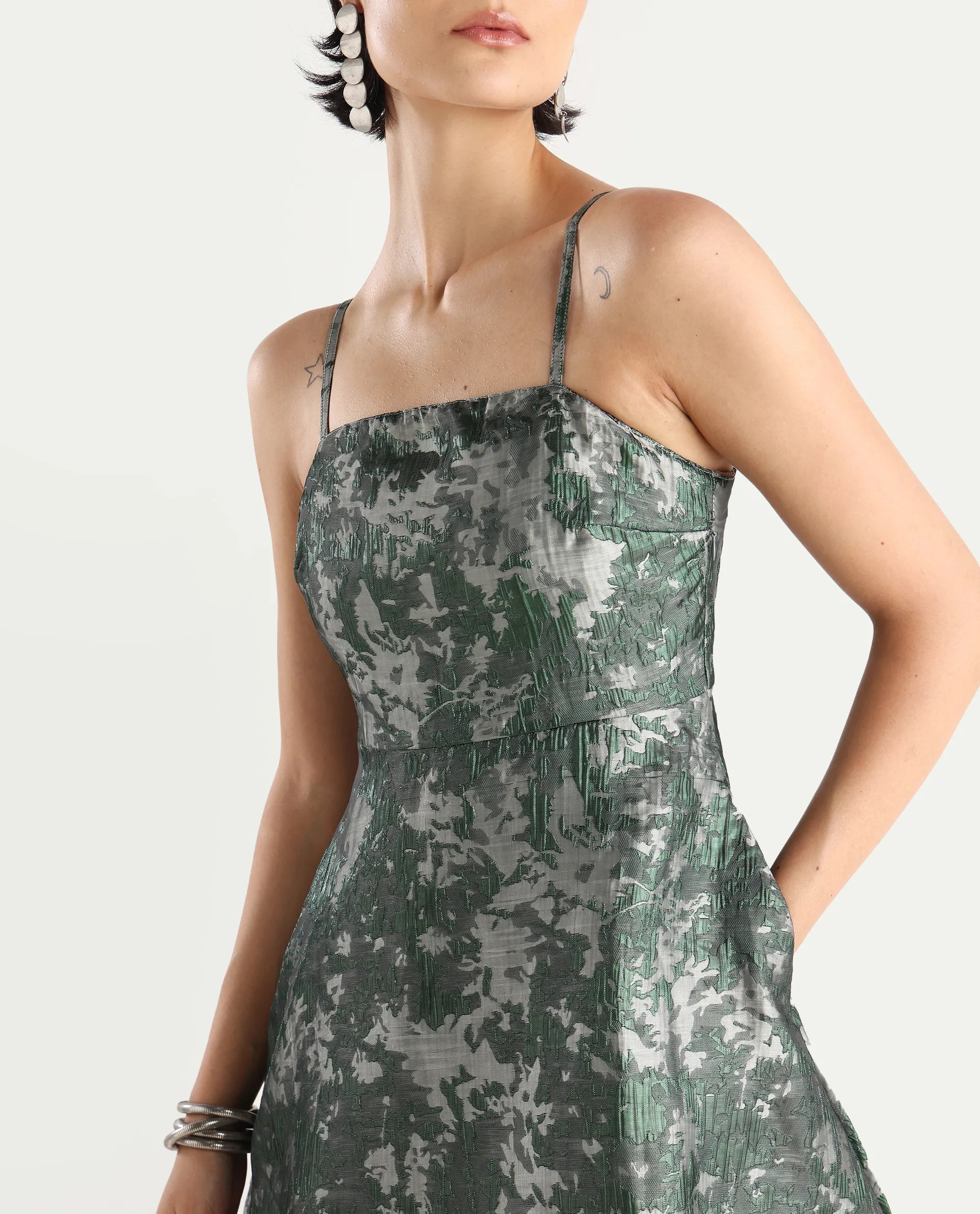 Rareism Women's Davao Metallic Green Viscose Shoulder Strap Jacquard Sleeveless Knee Length Fit And Flare Dress