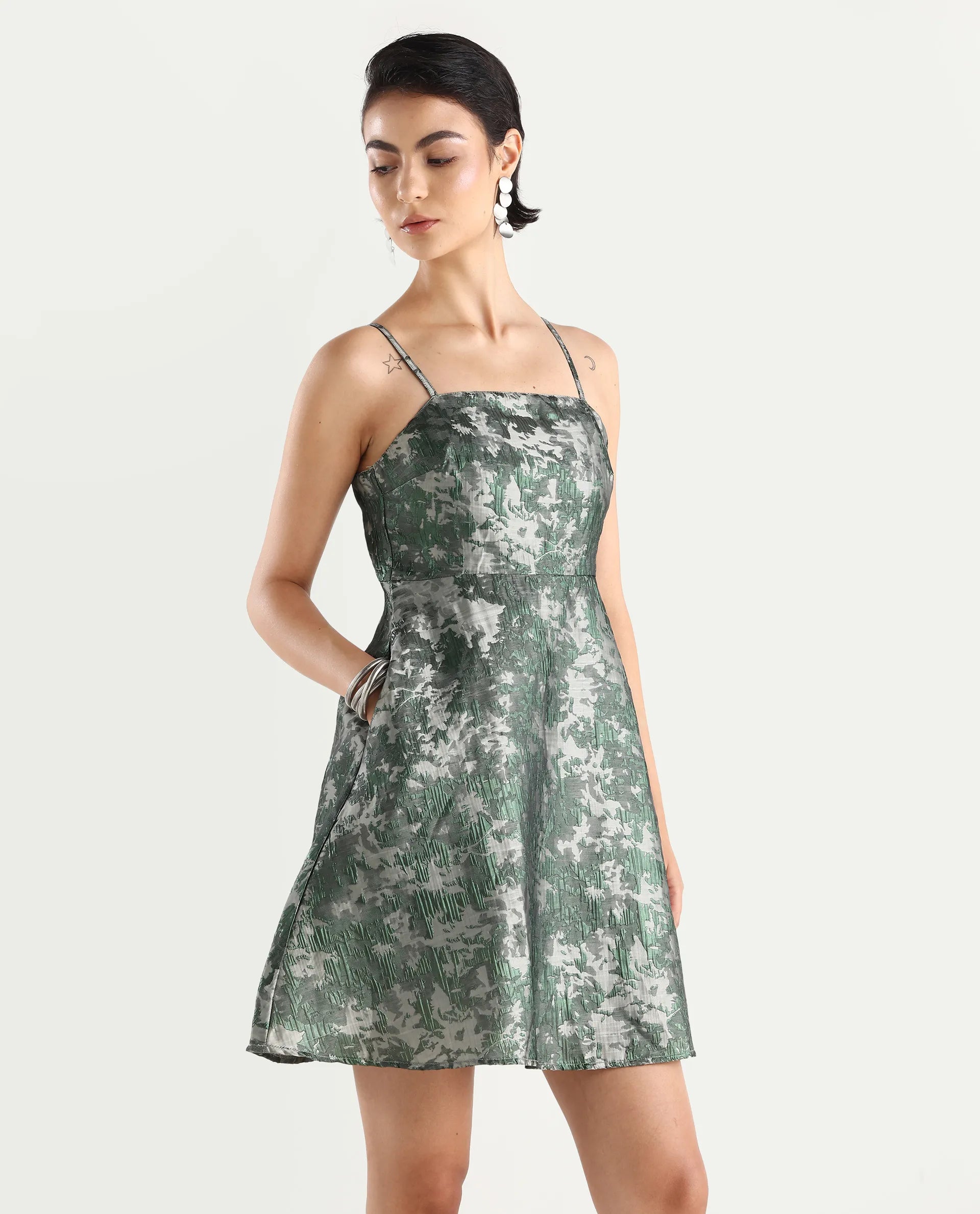 Rareism Women's Davao Metallic Green Viscose Shoulder Strap Jacquard Sleeveless Knee Length Fit And Flare Dress