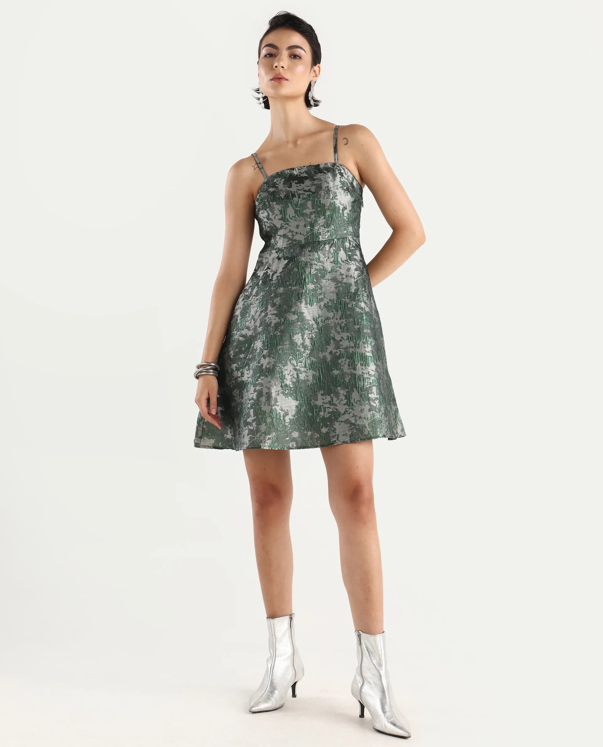 Rareism Women's Davao Metallic Green Viscose Shoulder Strap Jacquard Sleeveless Knee Length Fit And Flare Dress