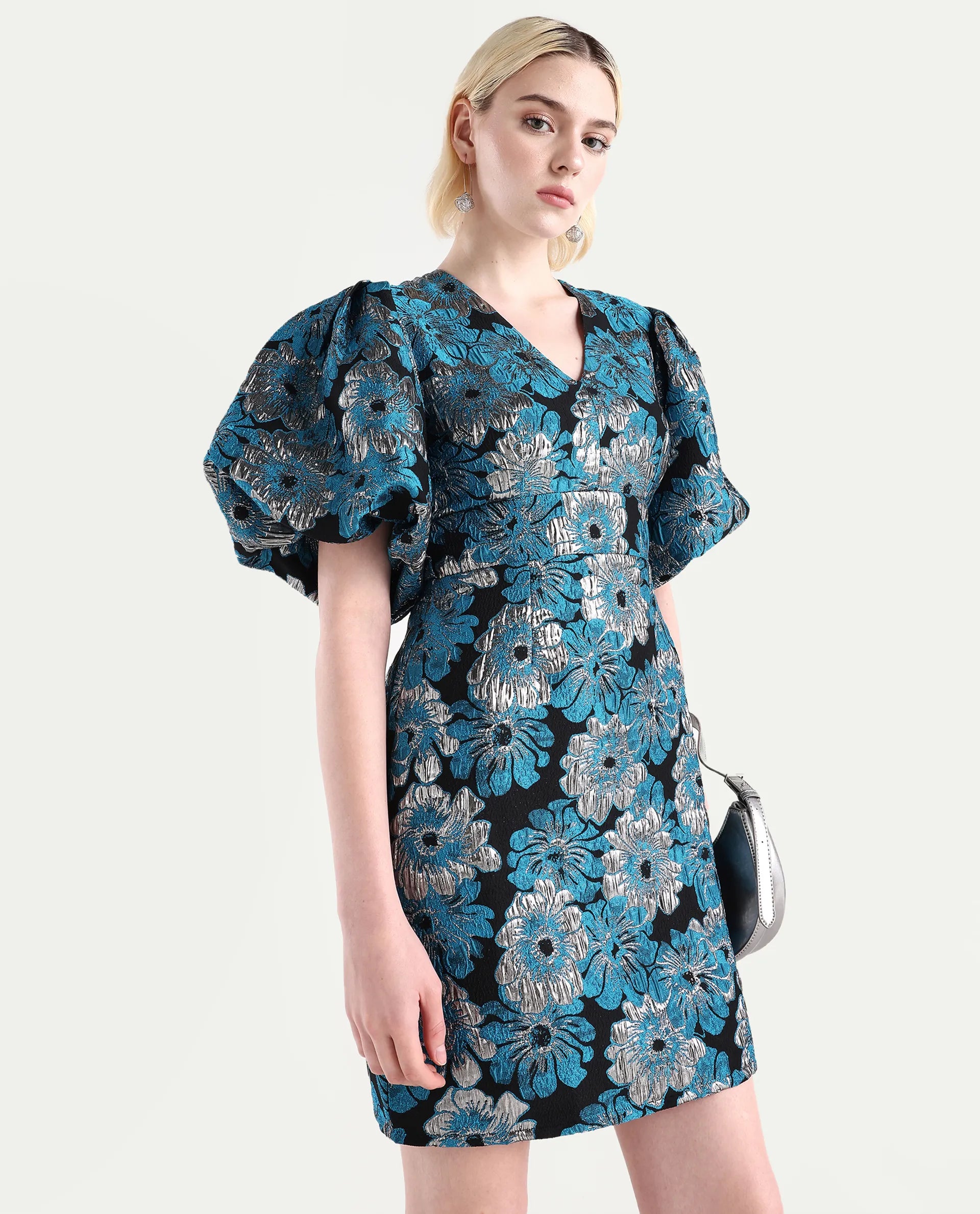 Rareism Women's Daveth Metalic Blue V-Neck Floral Print Puff Sleeves Knee Length Regular Fit Dress