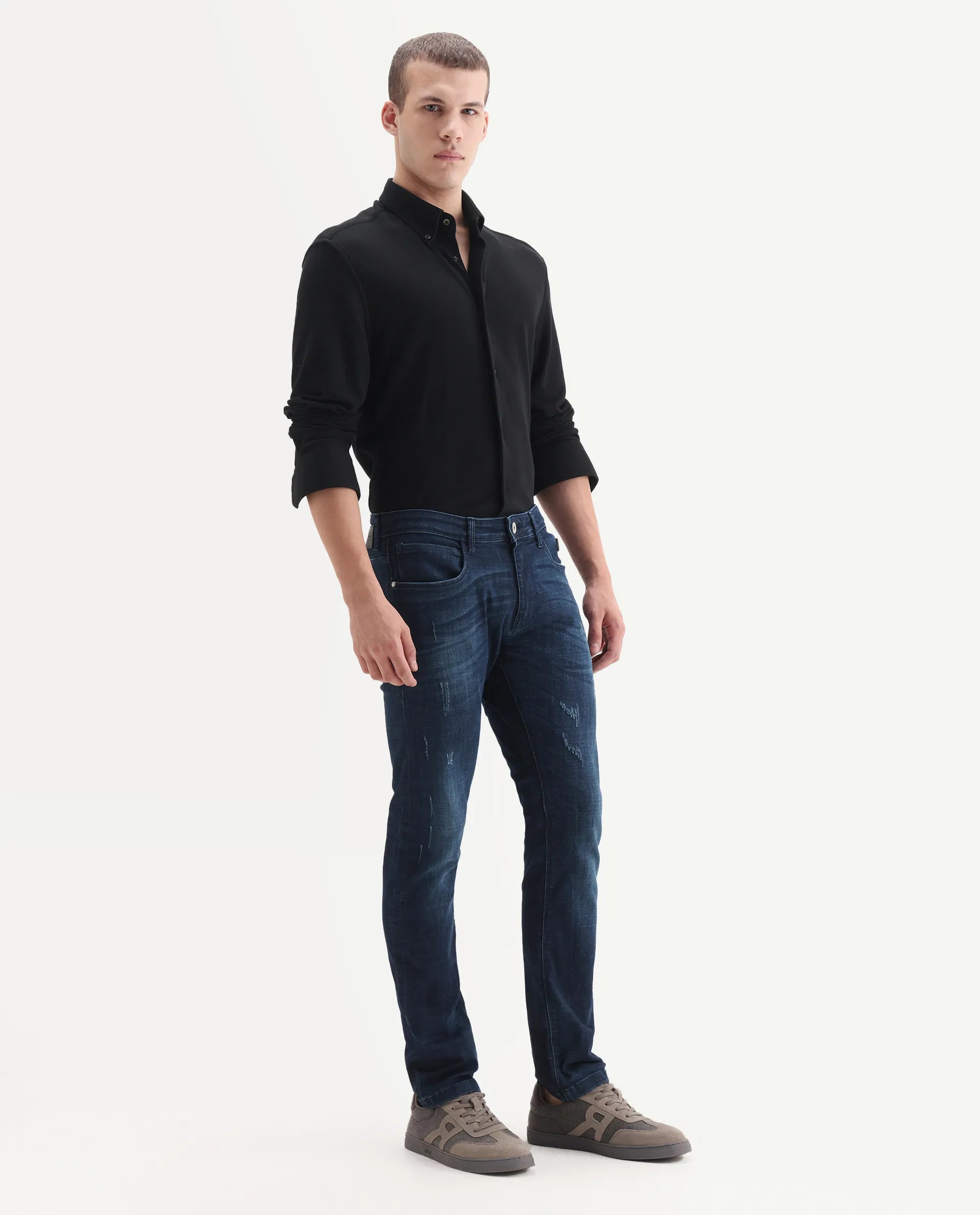 Rare Rabbit Men's David-3 Blue Cotton Plain Hawk Slim Fit Jeans