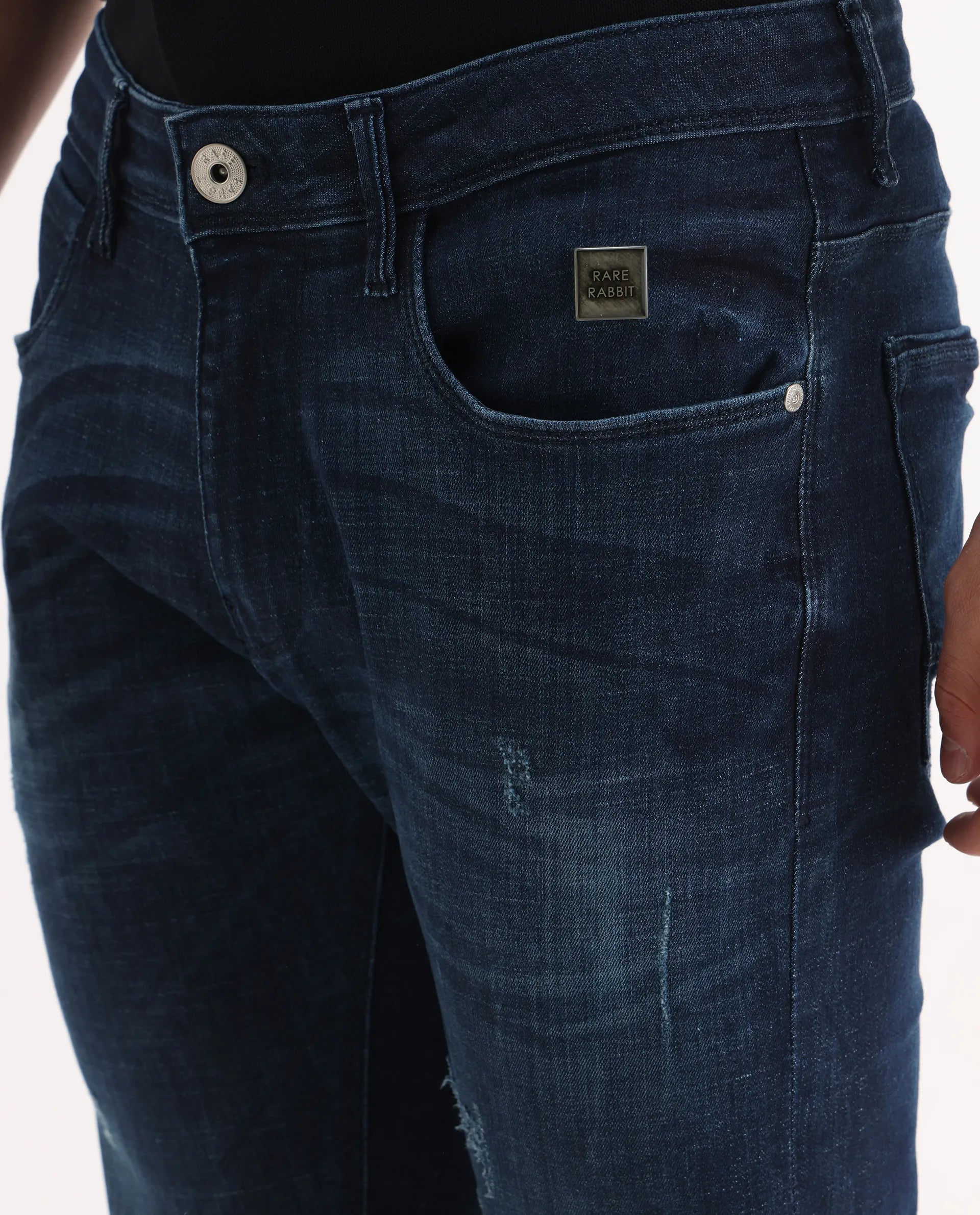 Rare Rabbit Men's David-3 Blue Cotton Plain Hawk Slim Fit Jeans