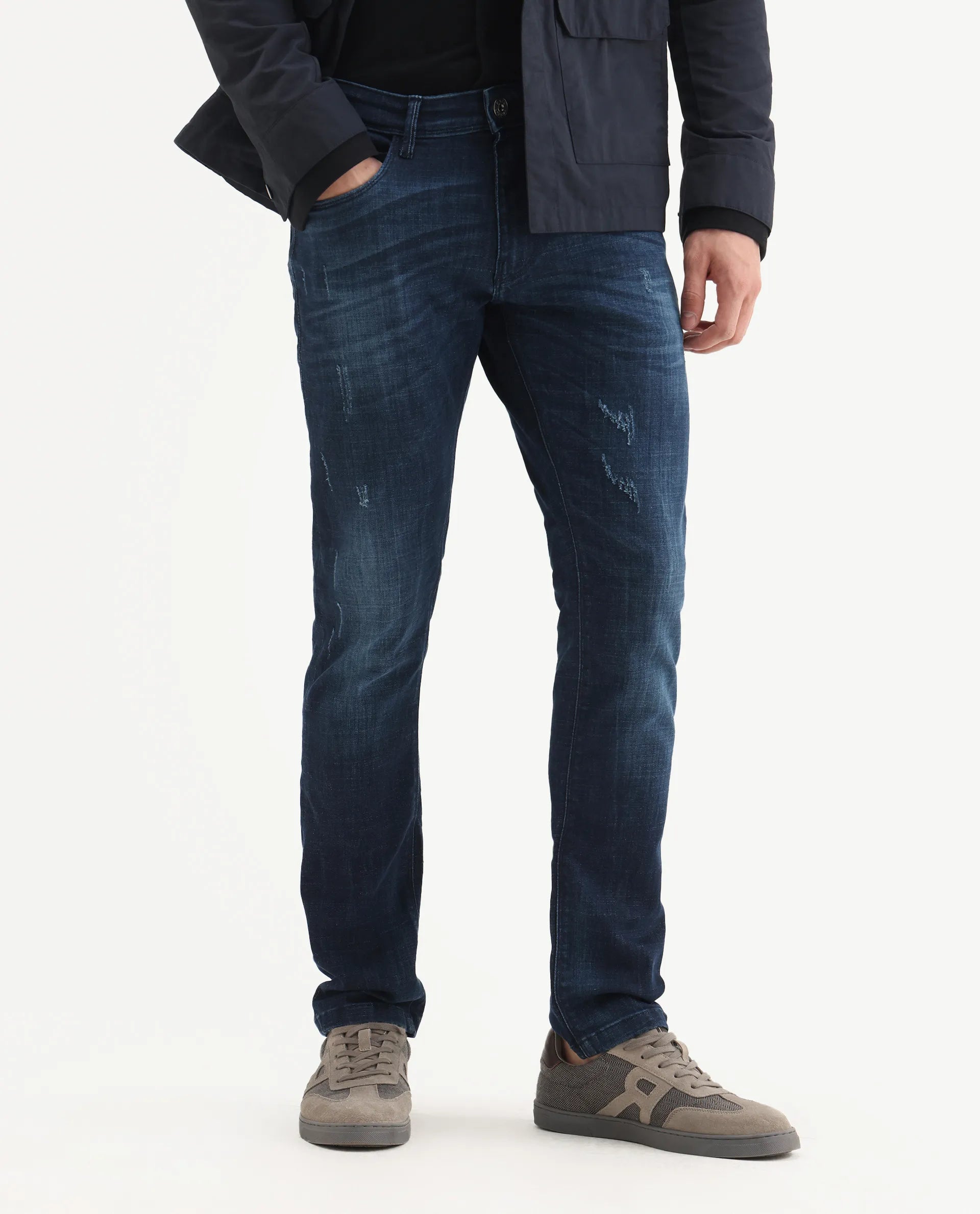 Rare Rabbit Men's David-3 Blue Cotton Plain Hawk Slim Fit Jeans