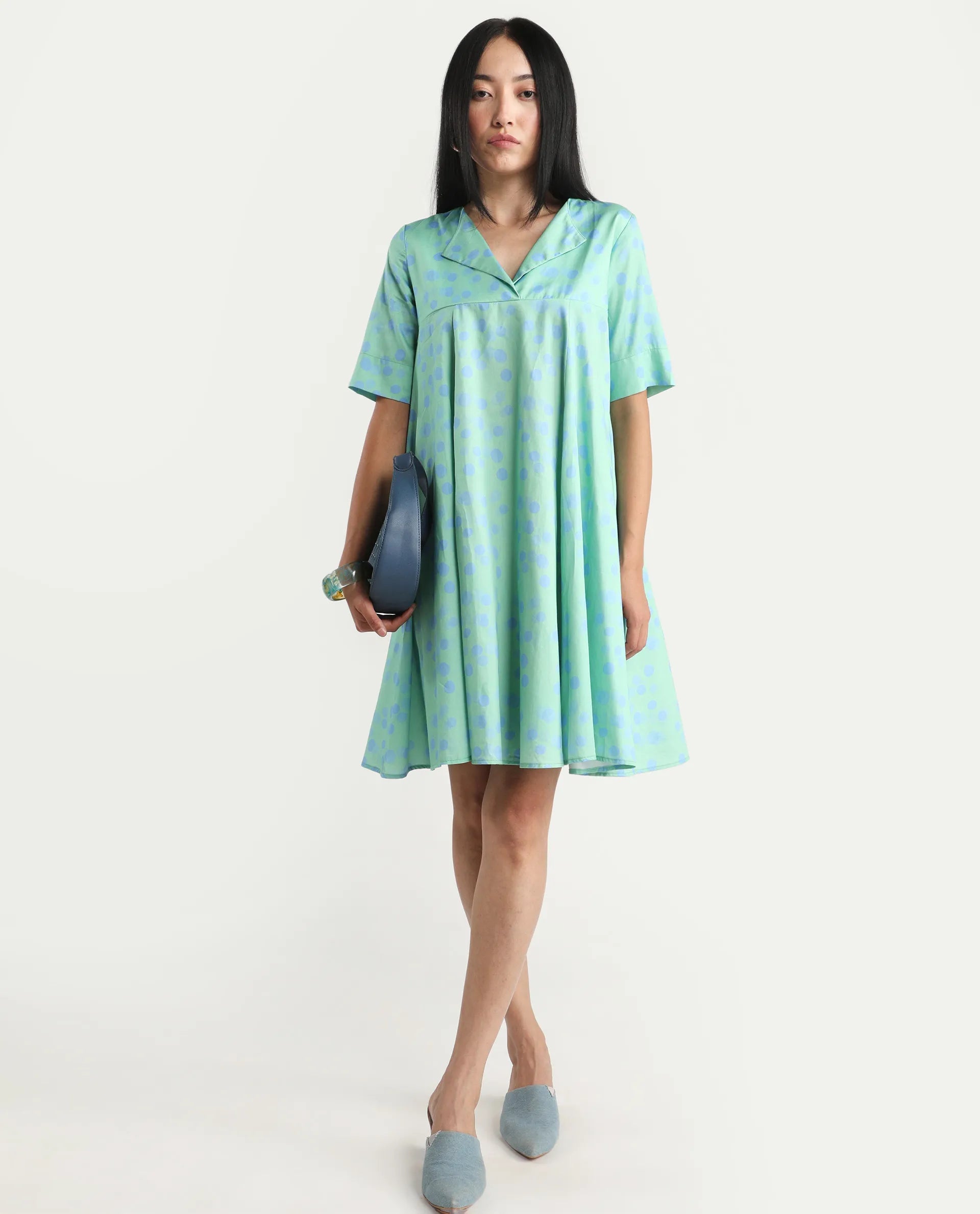 Rareism Women's Davidson Dusky Green Cotton Overlap Neck Polka Print Mini Flared Dress