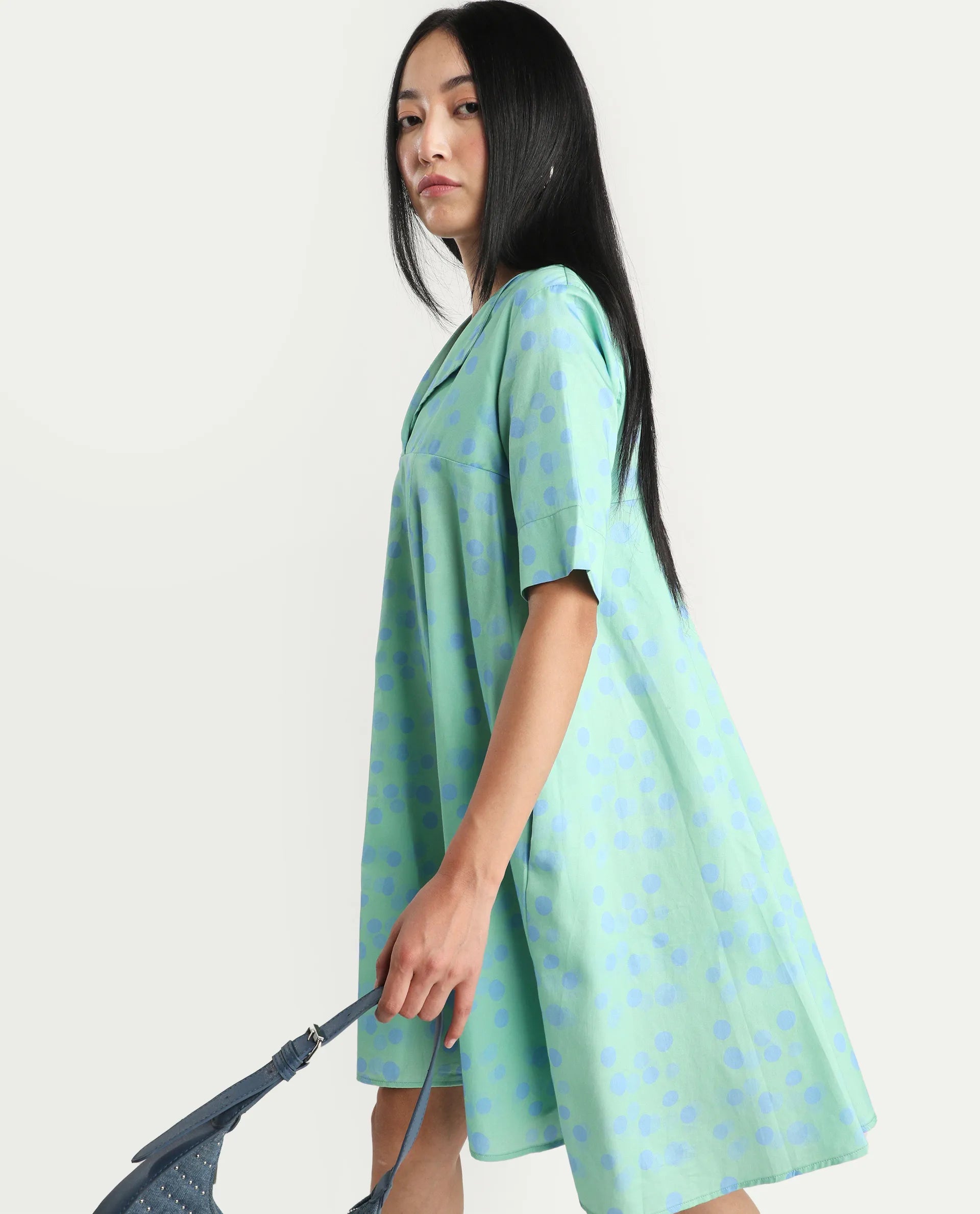 Rareism Women's Davidson Dusky Green Cotton Overlap Neck Polka Print Mini Flared Dress