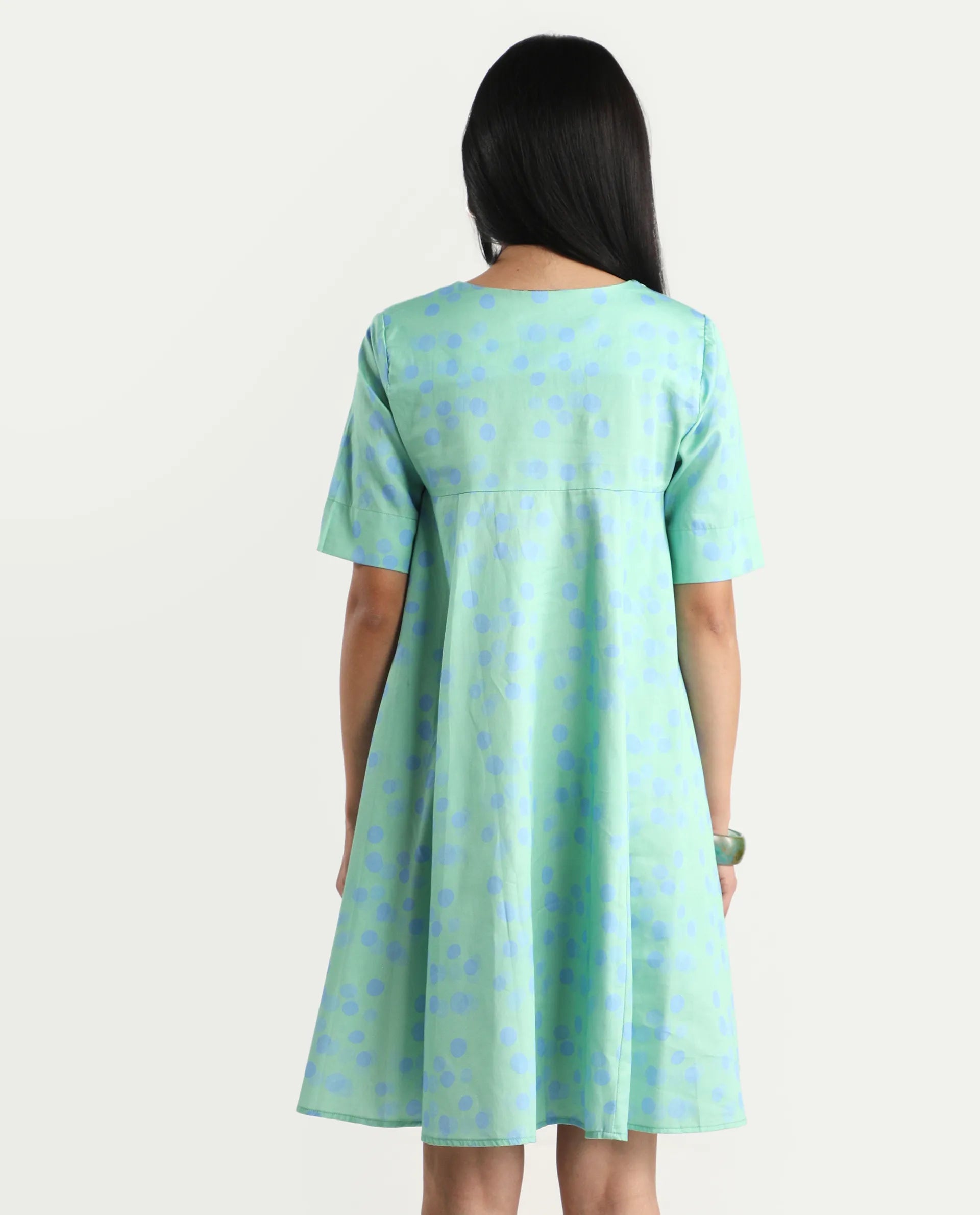 Rareism Women's Davidson Dusky Green Cotton Overlap Neck Polka Print Mini Flared Dress