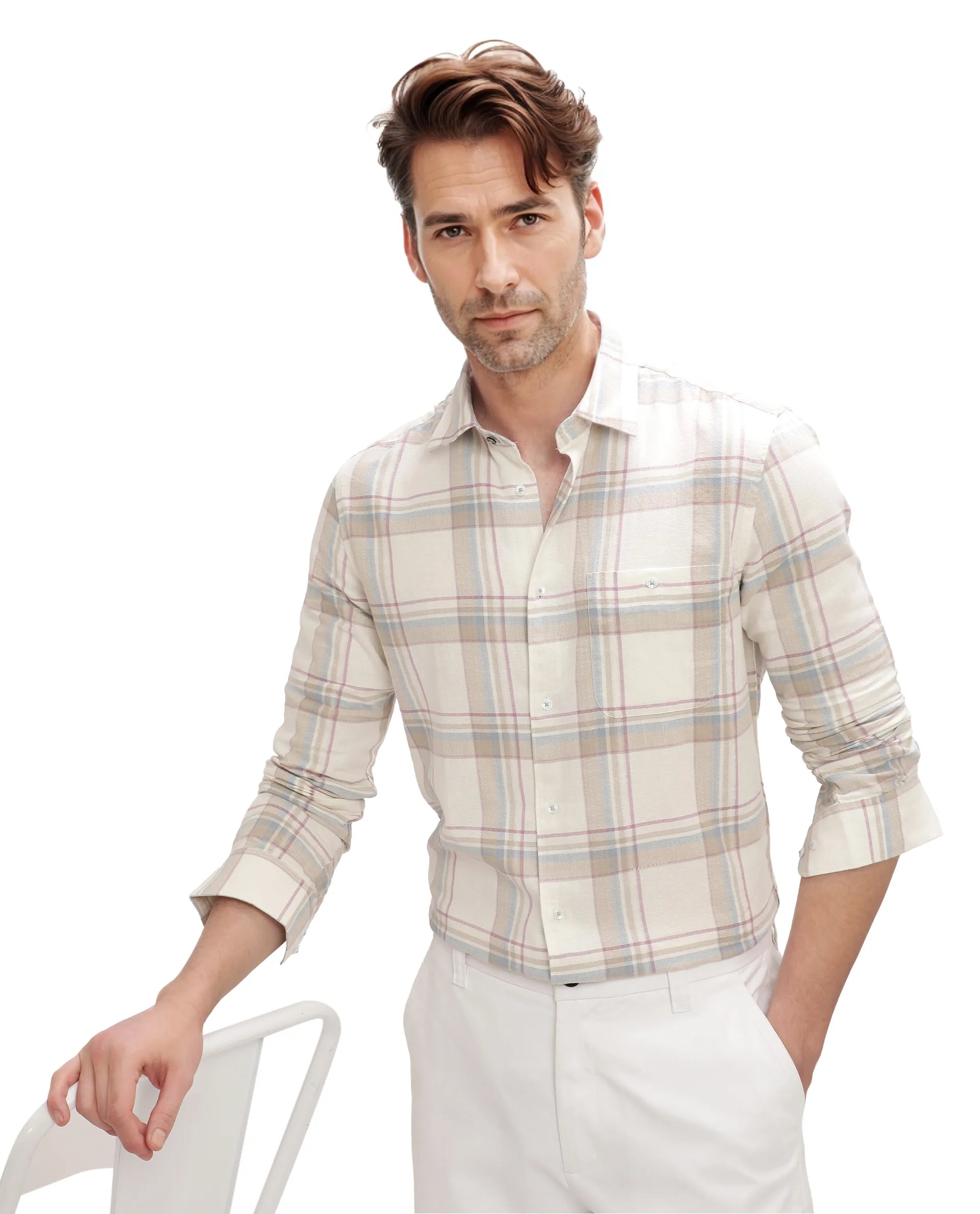 Rare Rabbit Men Davi White Full Sleeve Collared Neck Button Closure Regular Fit Checks Shirt