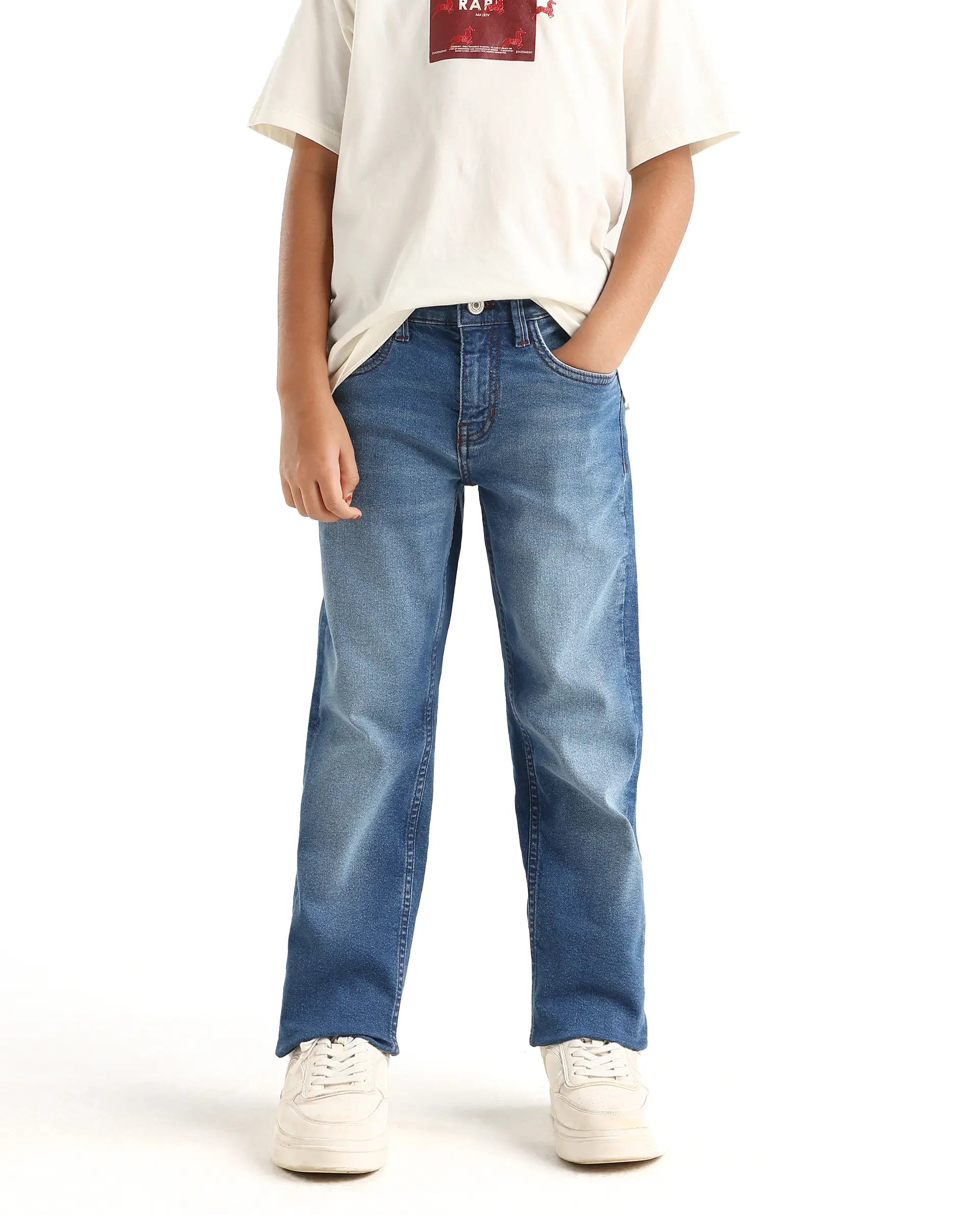 Rare Ones Kids Daw Dark Blue Cotton Blend Button And Zipper Closure Plain Regular Fit Jeans