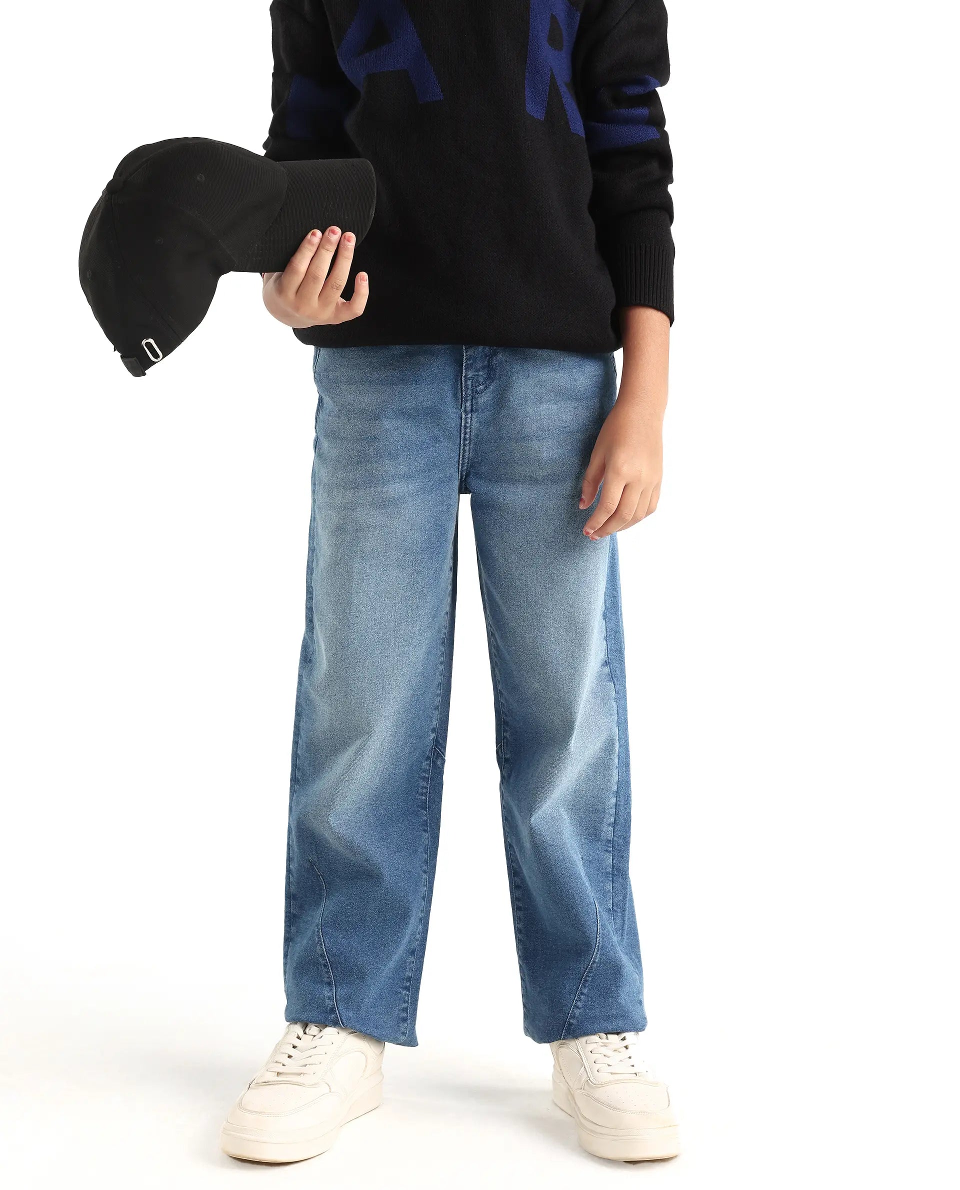 Rare Ones Kids Dawson Blue Cotton Blend Button And Zipper Closure Plain Slouchy Fit Jeans