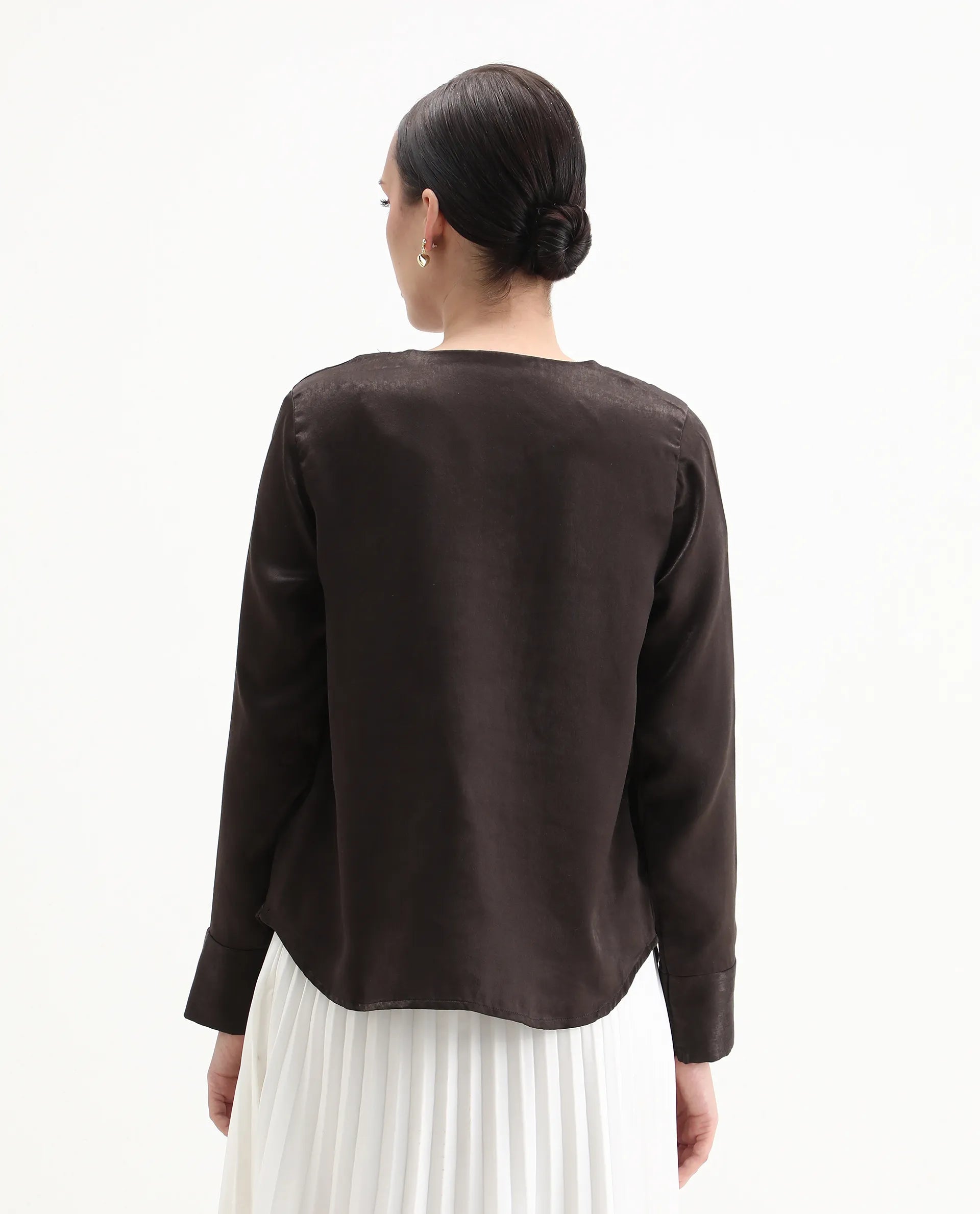 Rareism Women's Daxzo Brown Velvet Crew Neck Plain Relaxed Fit Top