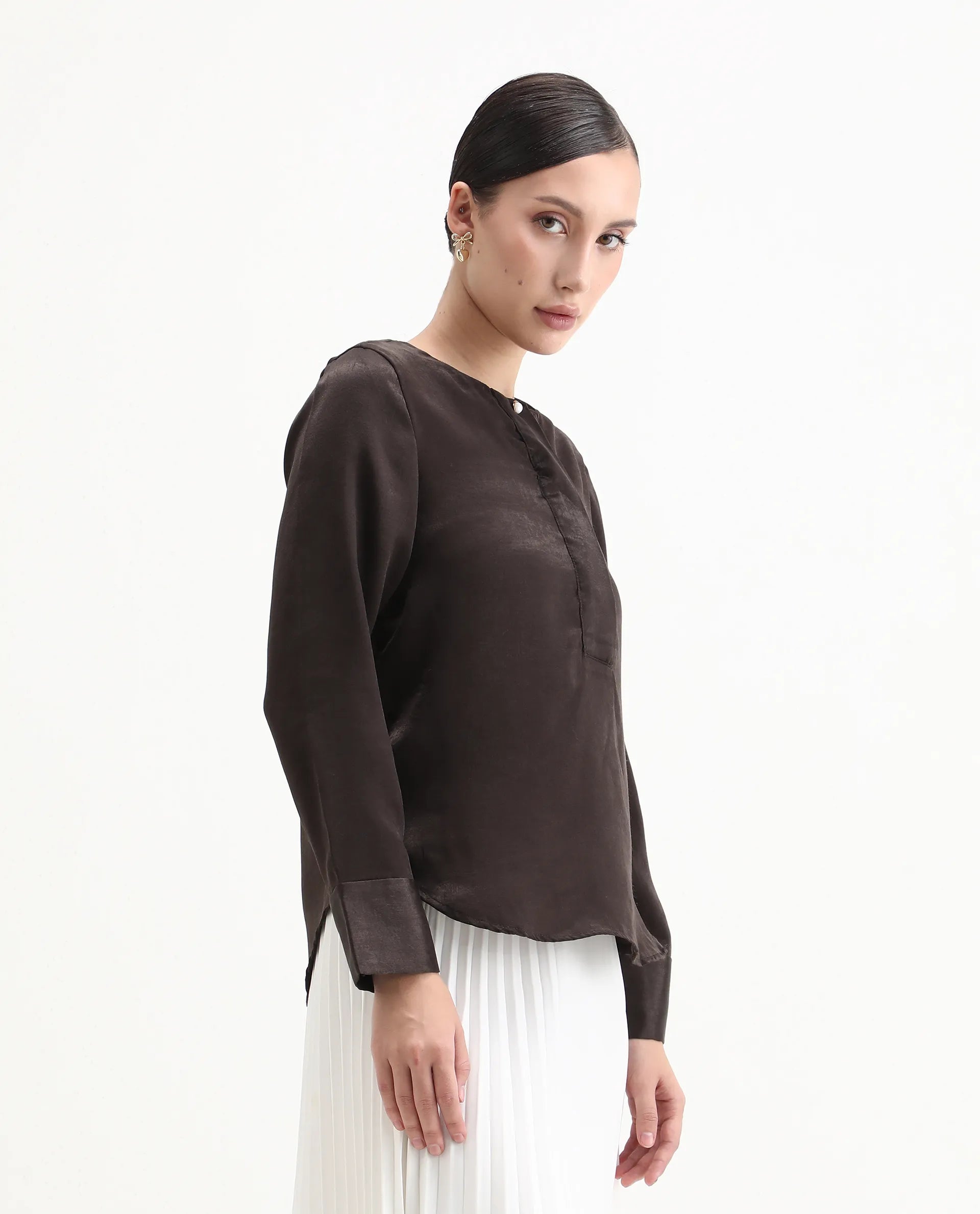 Rareism Women's Daxzo Brown Velvet Crew Neck Plain Relaxed Fit Top