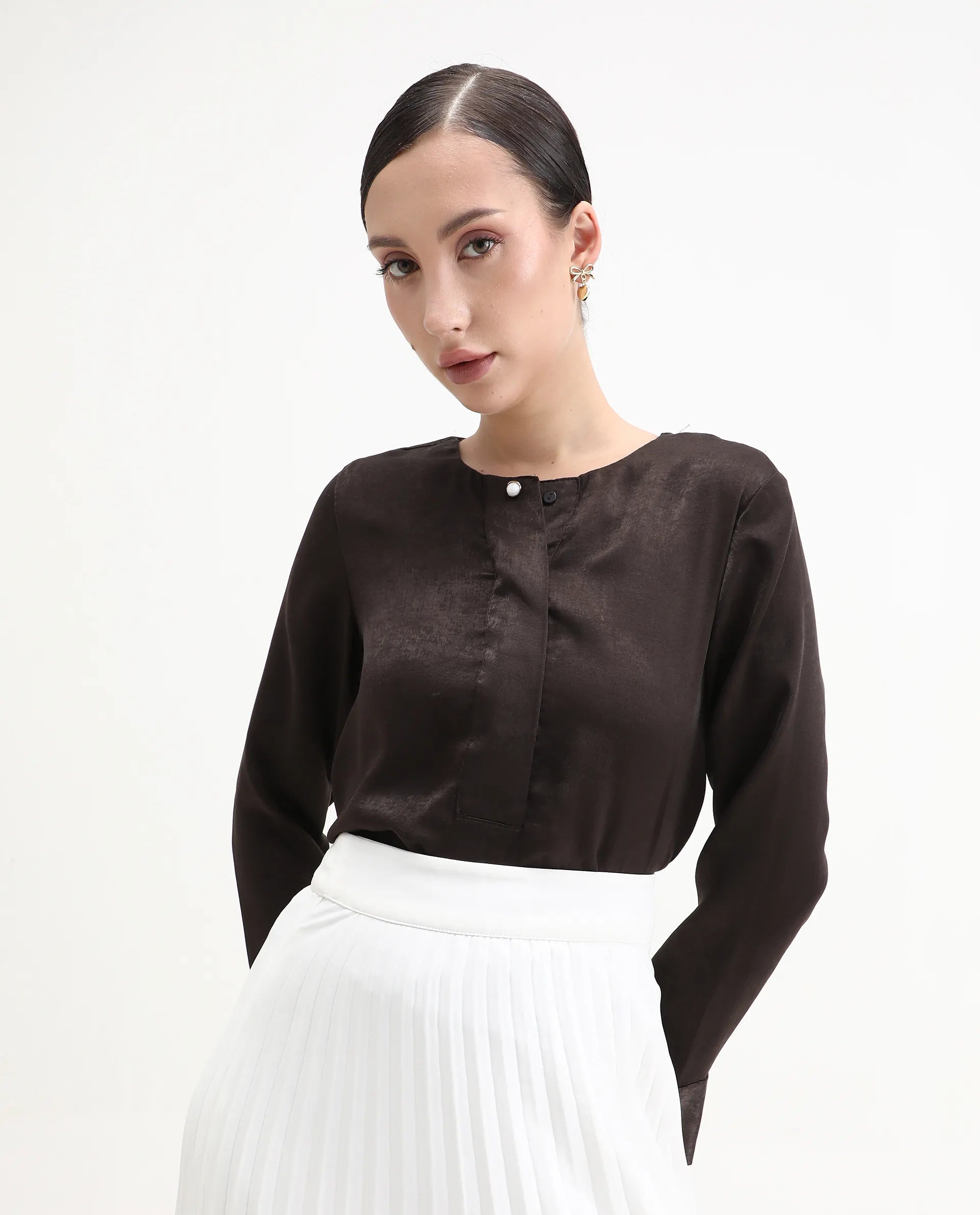 Rareism Women's Daxzo Brown Velvet Crew Neck Plain Relaxed Fit Top