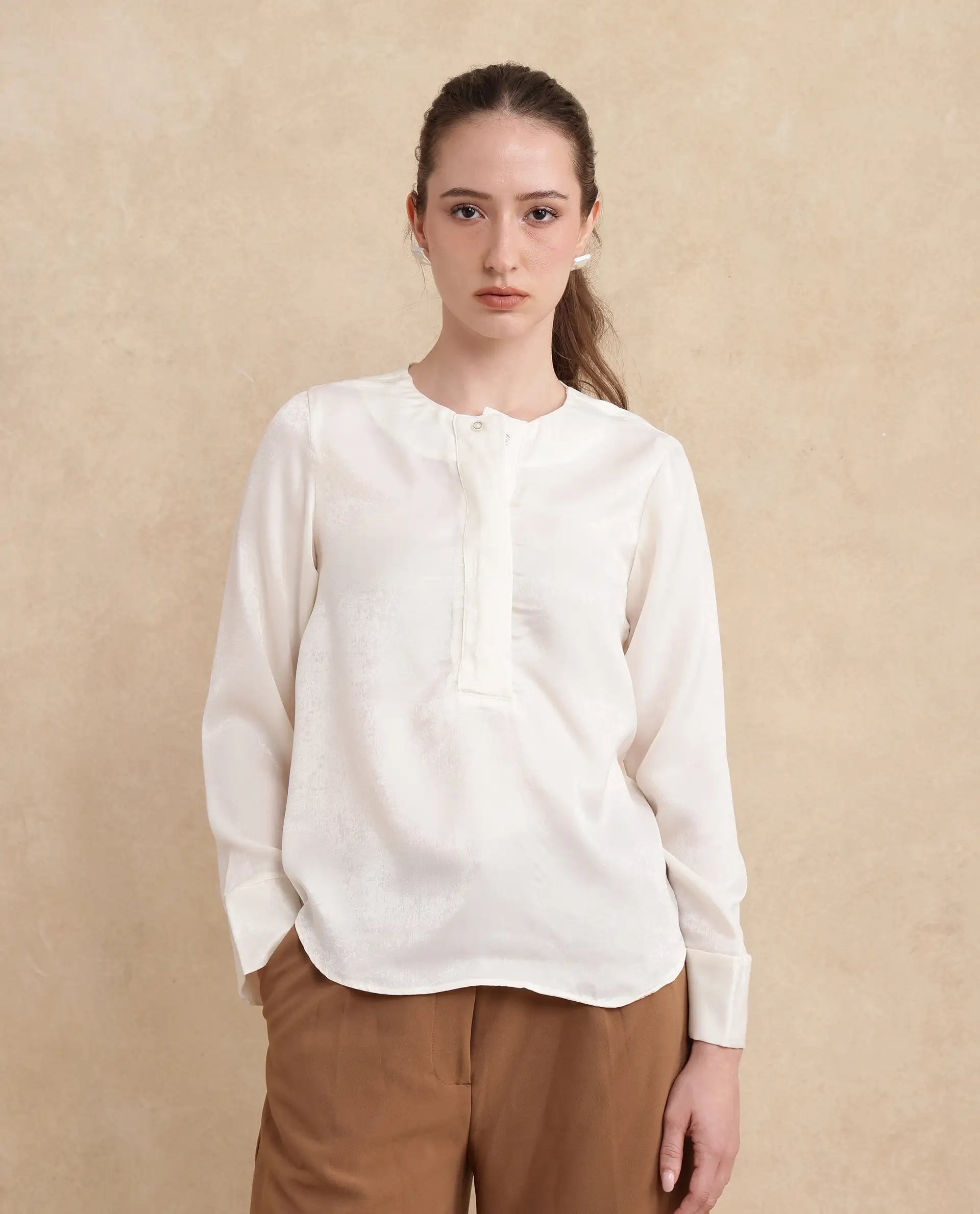 Rareism Women Daxzo Off White Velvet Regular Sleeves Round Neck Button Closure Relaxed Fit Plain Top