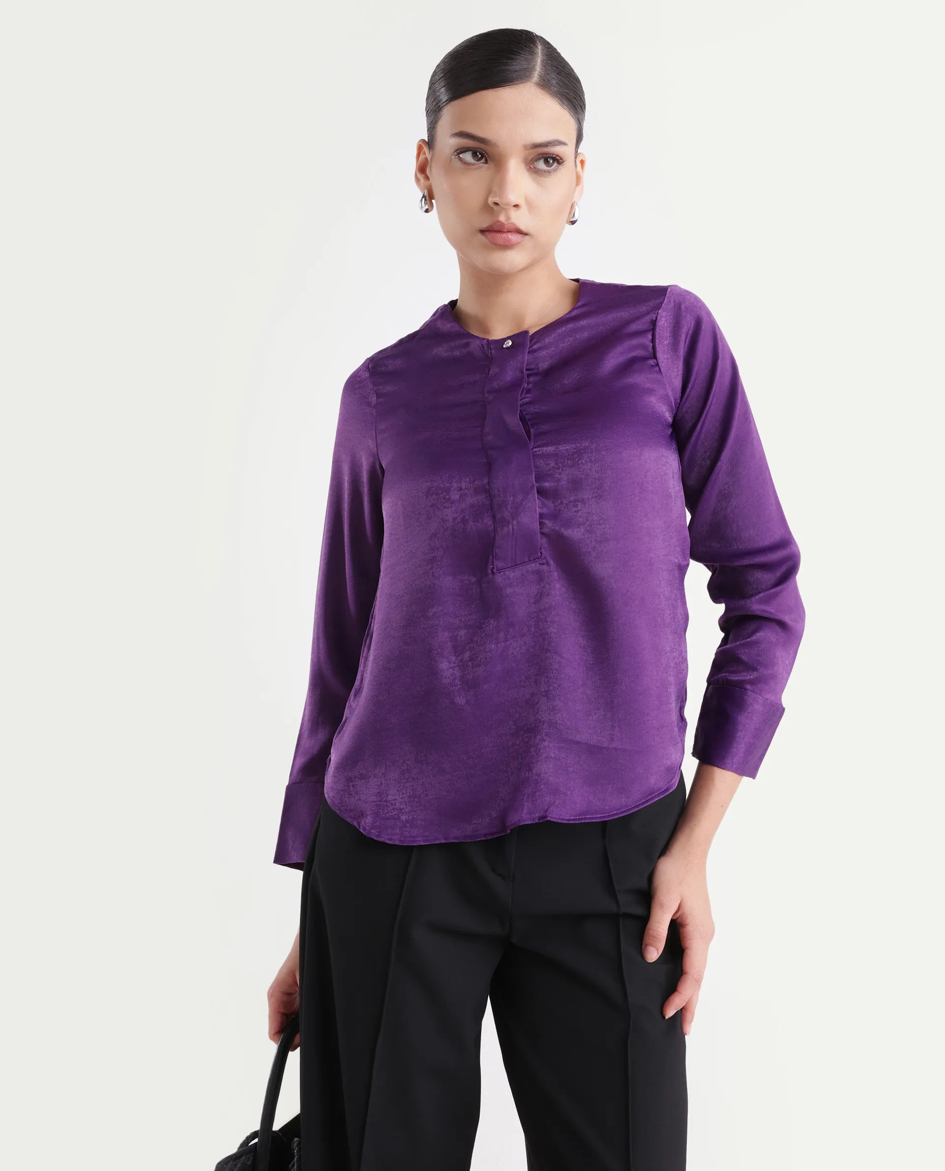 Rareism Women's Daxzo Purple Velvet Crew Neck Plain Relaxed Fit Top