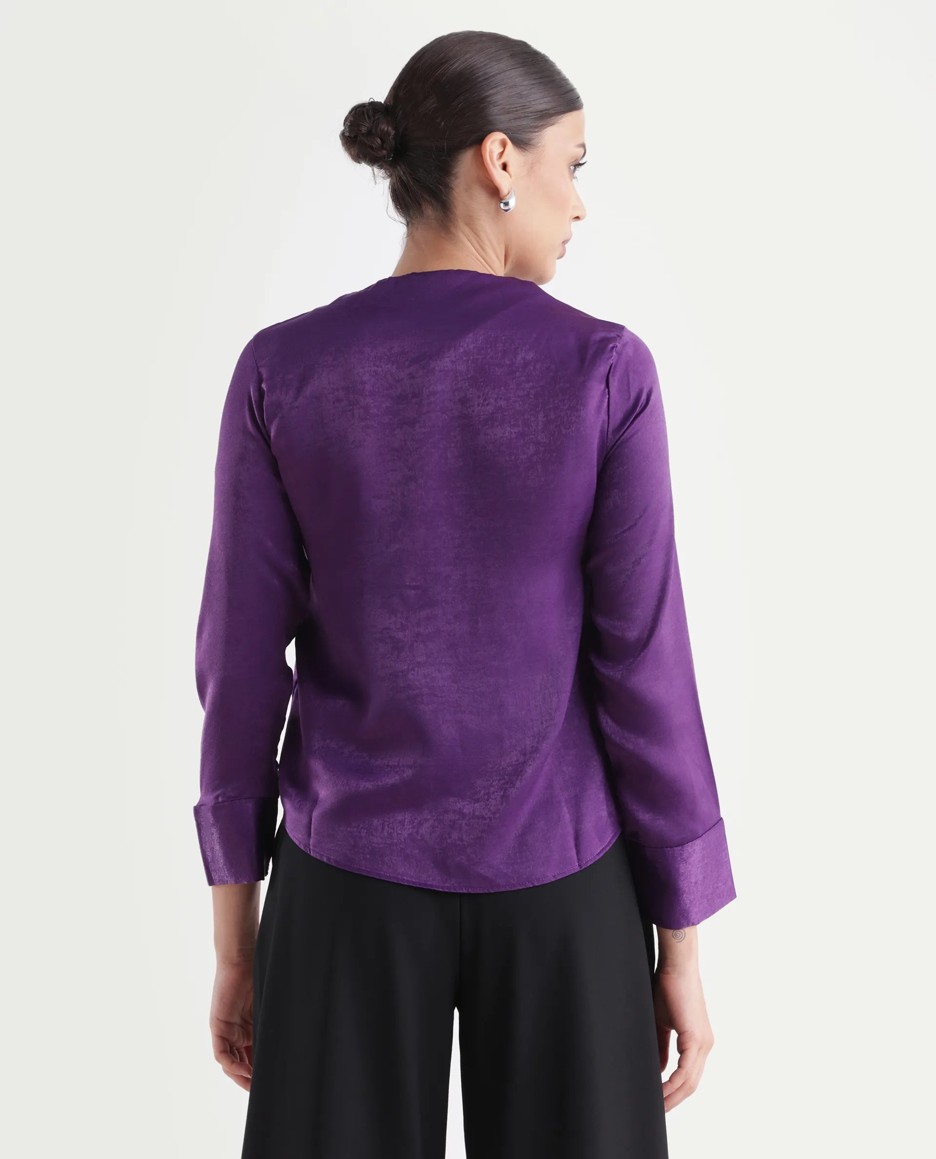 Rareism Women's Daxzo Purple Velvet Crew Neck Plain Relaxed Fit Top