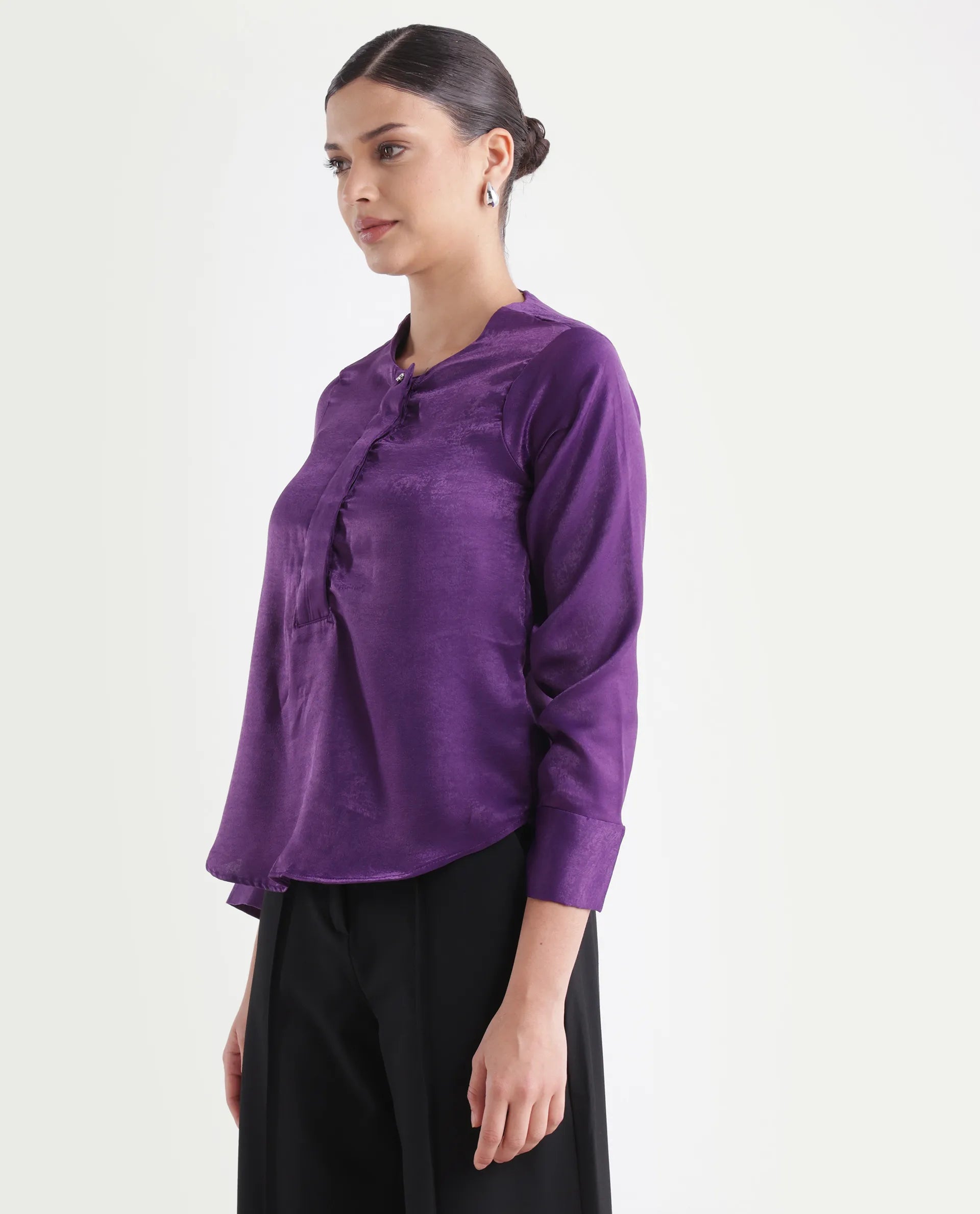 Rareism Women's Daxzo Purple Velvet Crew Neck Plain Relaxed Fit Top